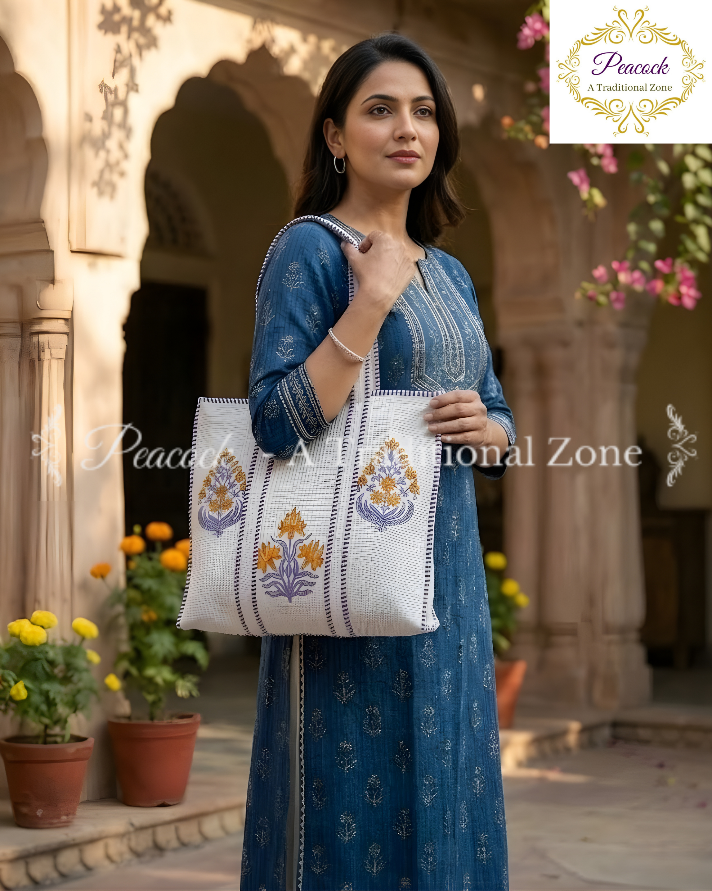Kesar Bagh Heritage Tote – Hand Block Printed Quilted Floral Carry Bag