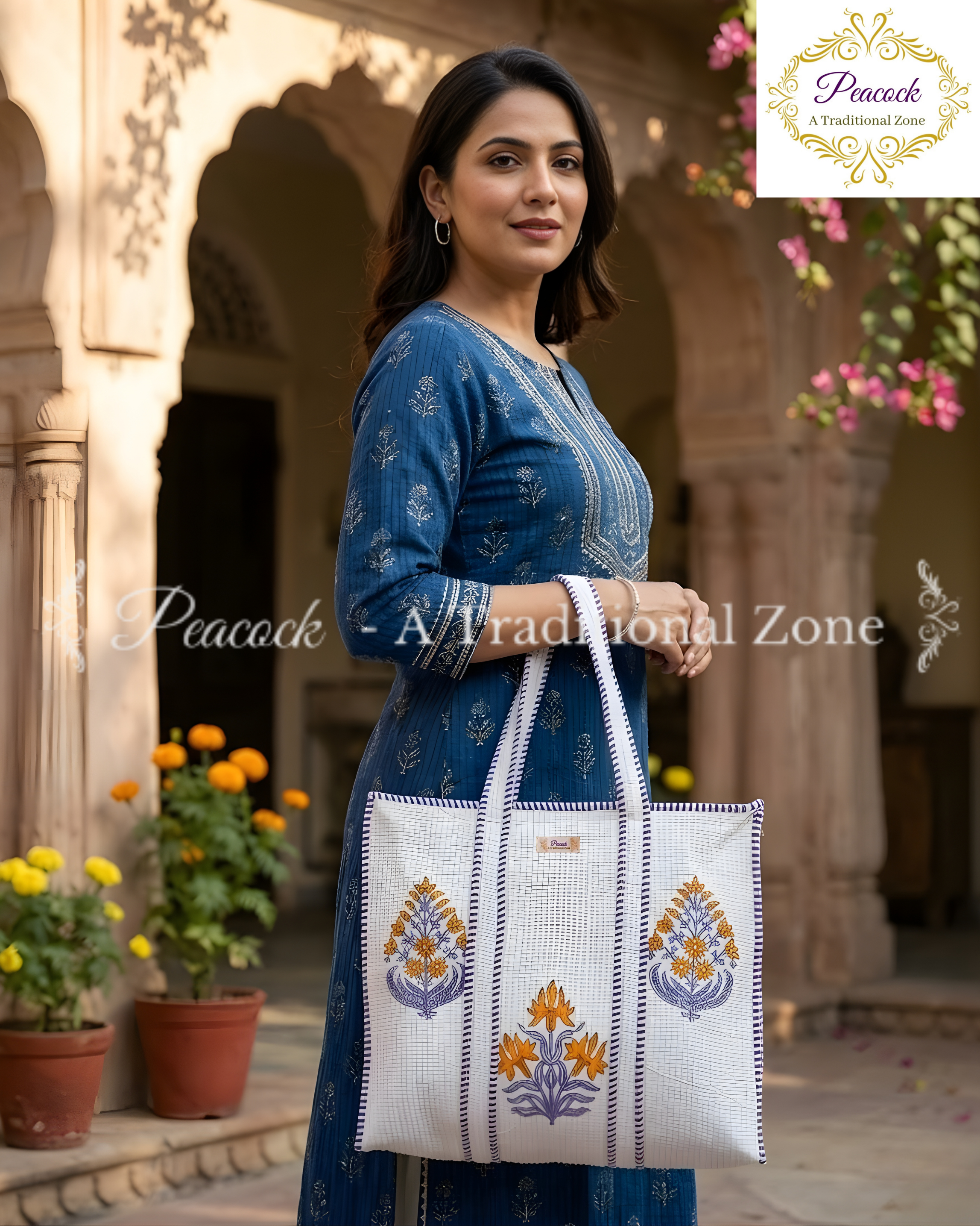 Kesar Bagh Heritage Tote – Hand Block Printed Quilted Floral Carry Bag