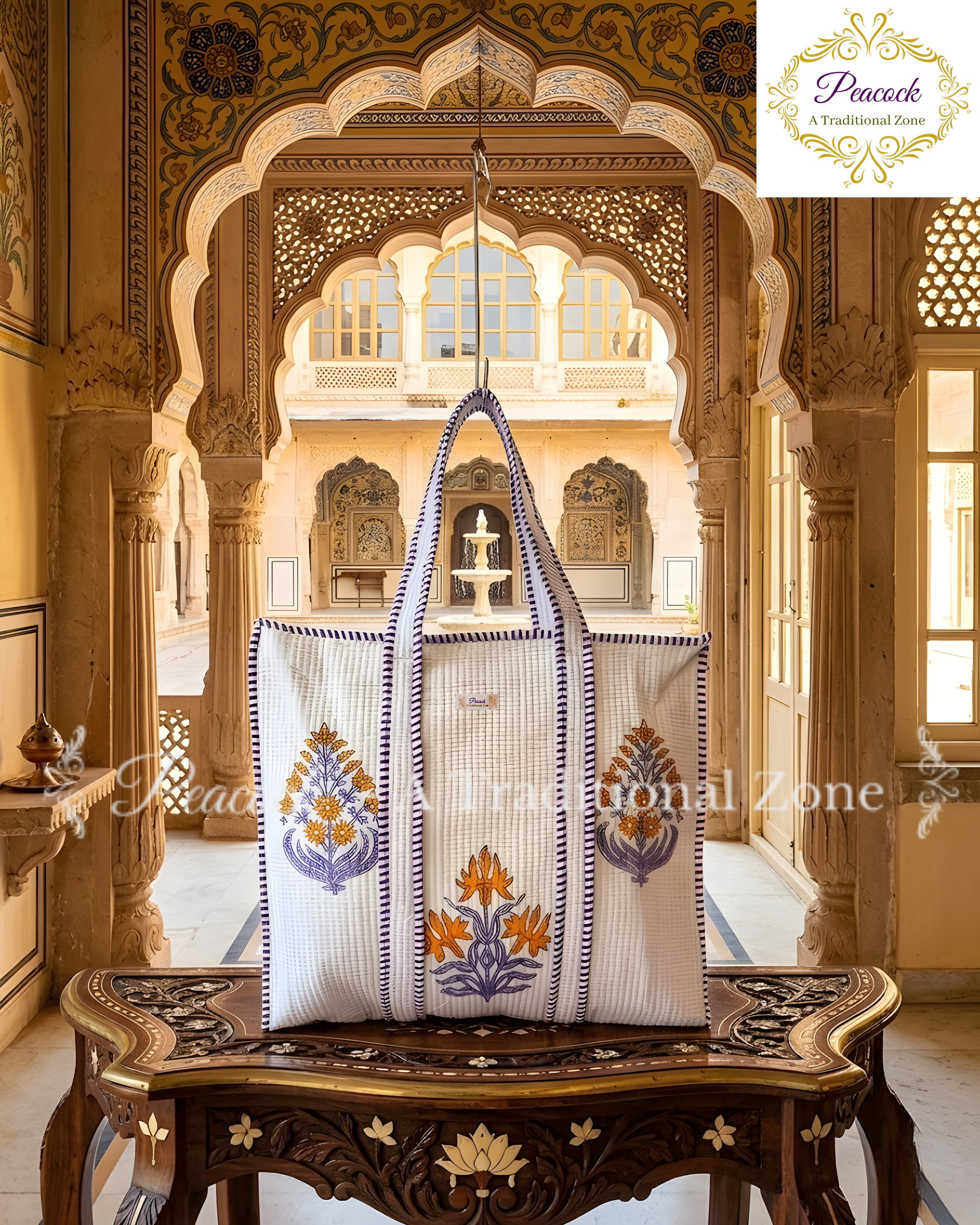 Kesar Bagh Heritage Tote – Hand Block Printed Quilted Floral Carry Bag