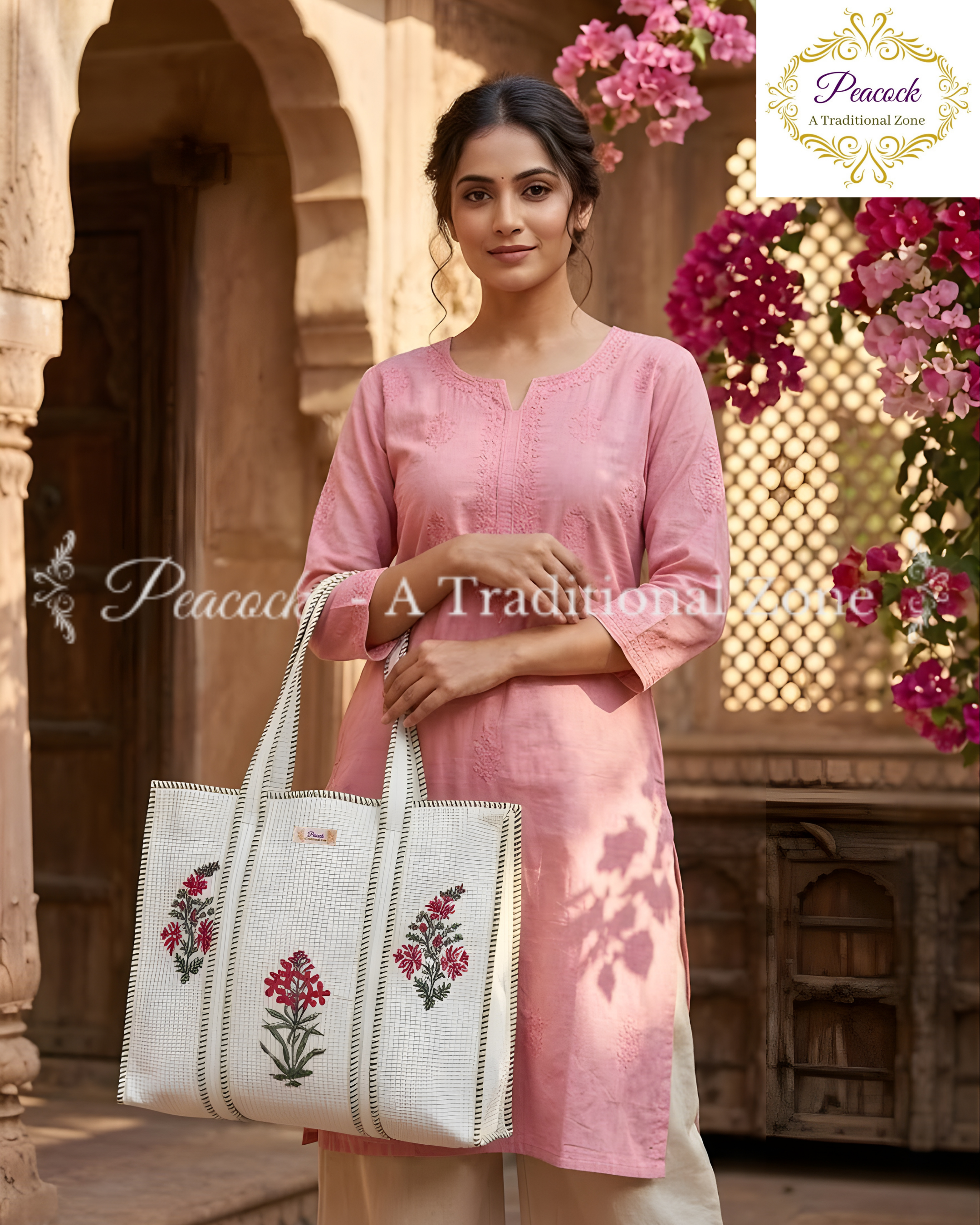 Gulbahar Heritage Tote – Hand Block Printed Quilted Floral Carry Bag