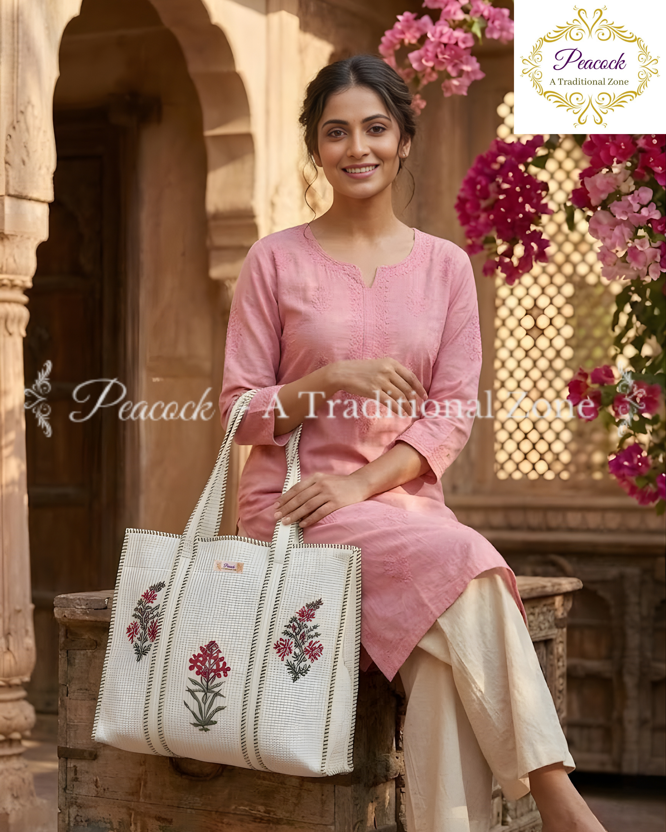 Gulbahar Heritage Tote – Hand Block Printed Quilted Floral Carry Bag