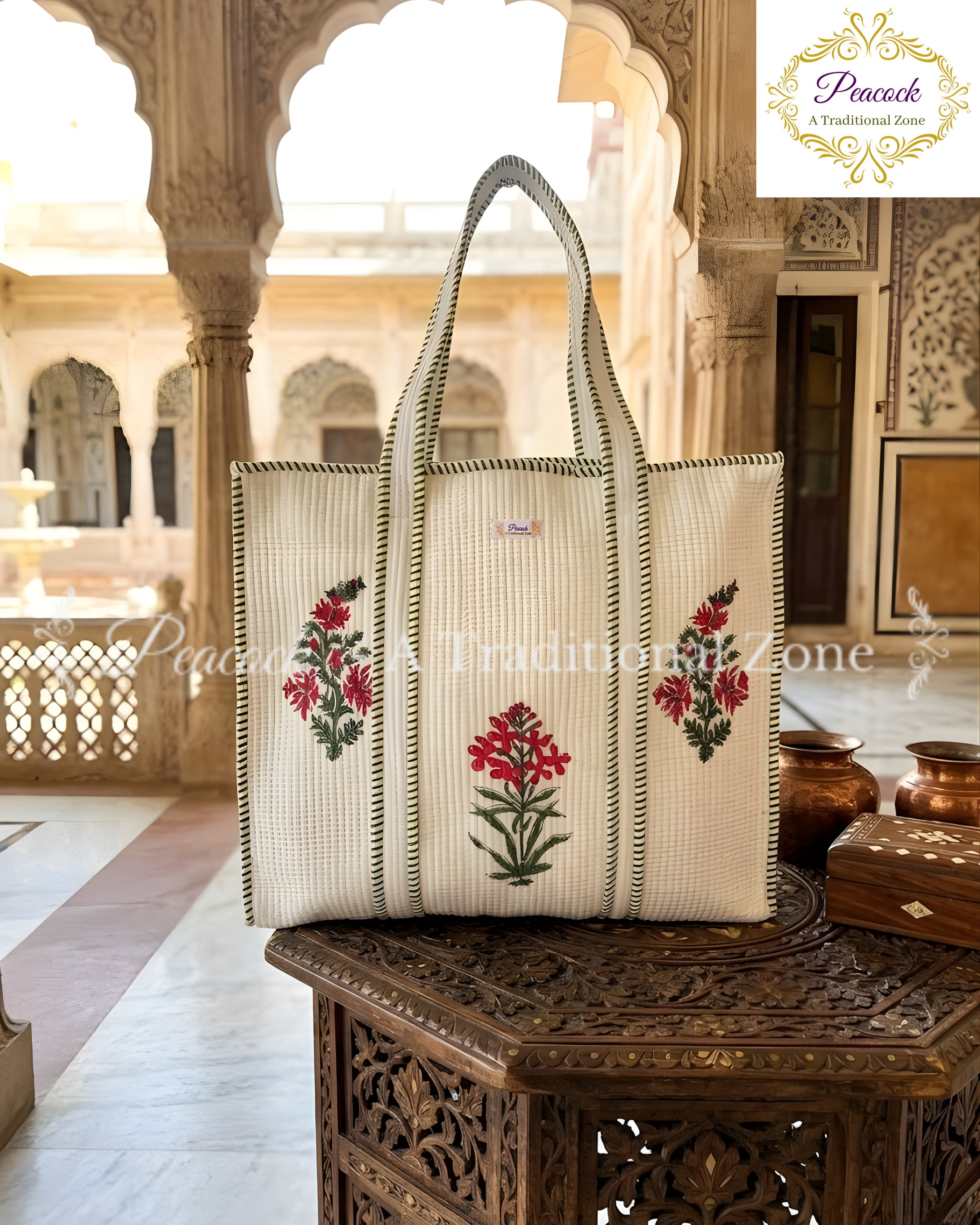 Gulbahar Heritage Tote – Hand Block Printed Quilted Floral Carry Bag