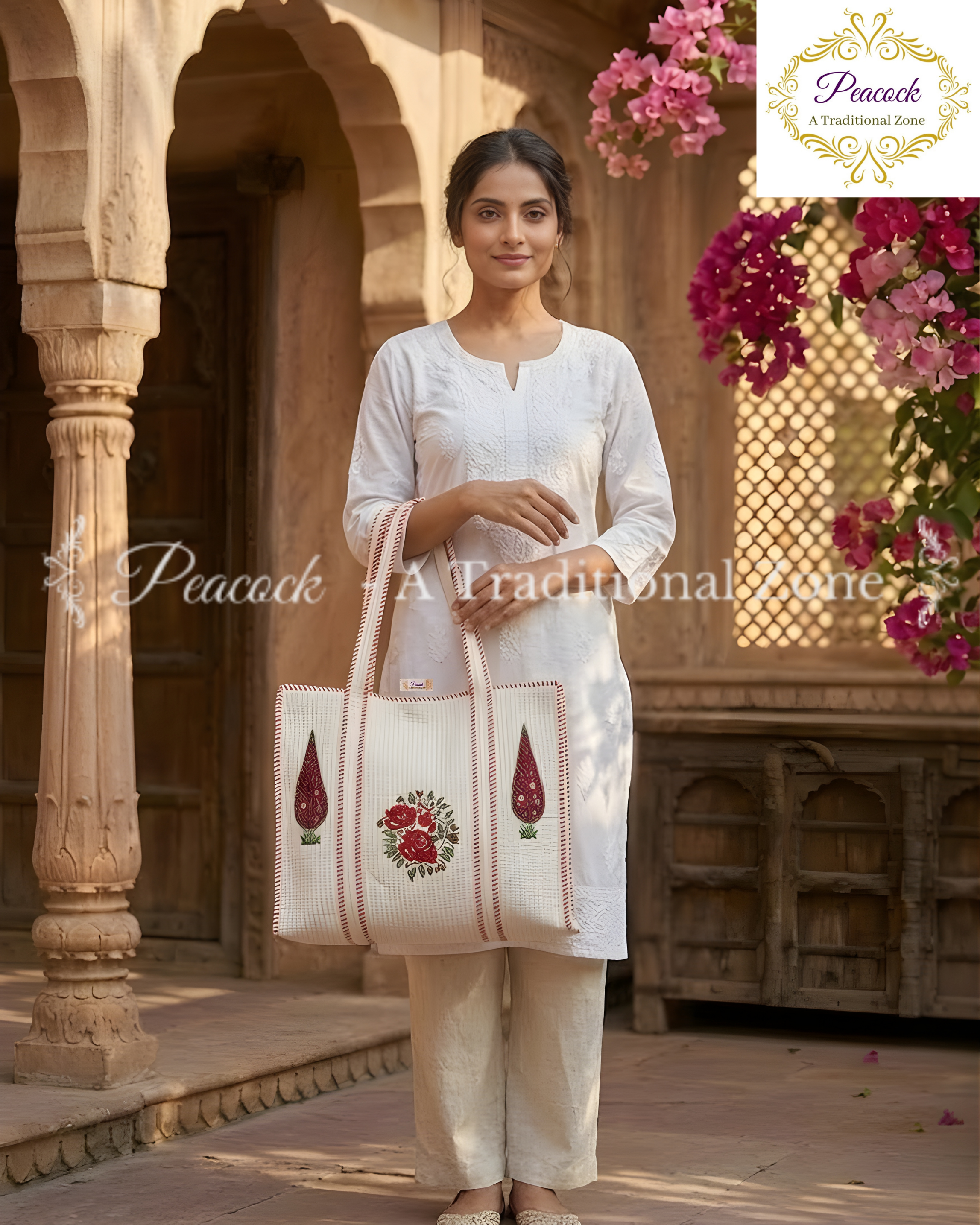 Rani Gulabini Heritage Tote – Hand Block Printed Quilted Rose Carry Bag