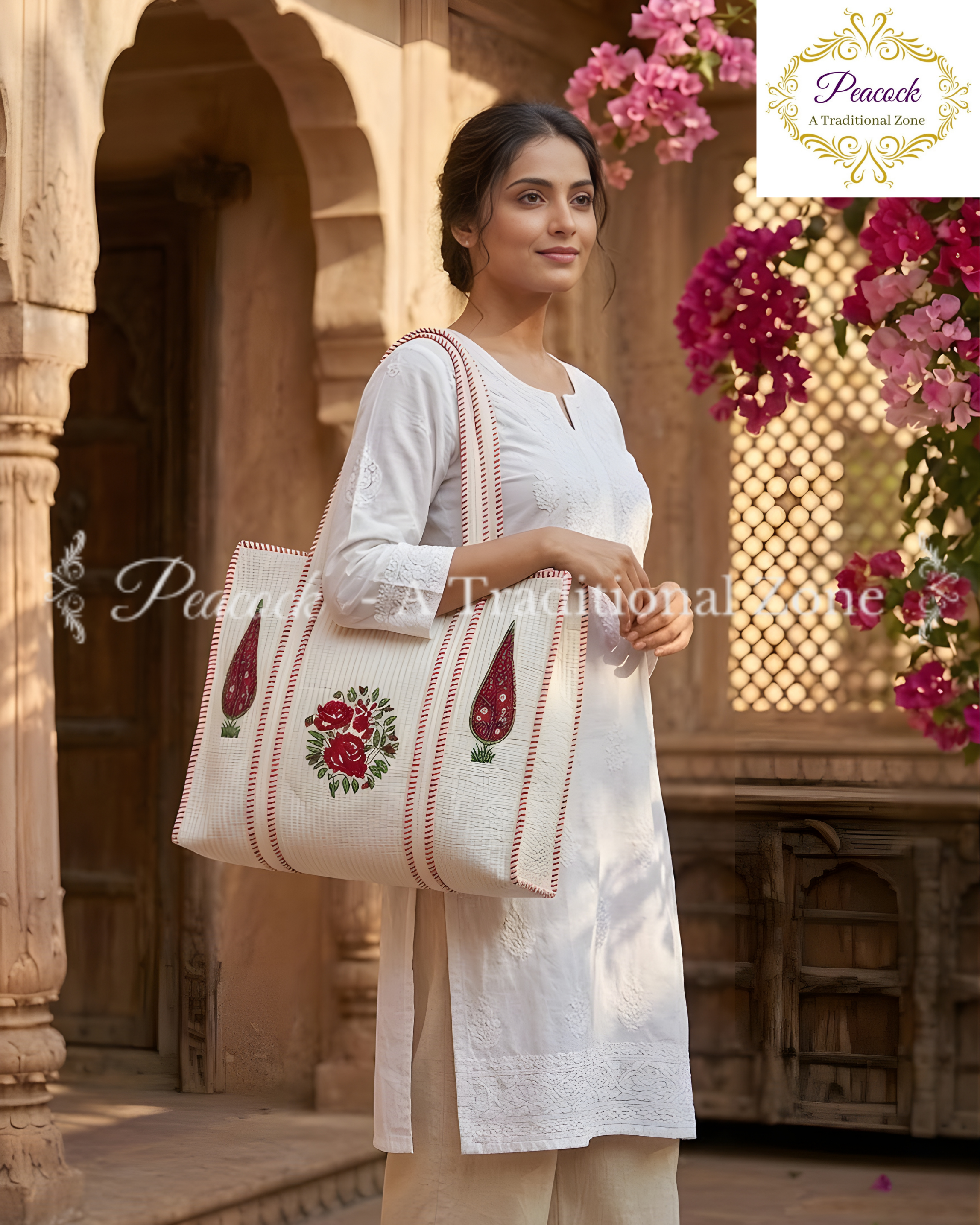 Rani Gulabini Heritage Tote – Hand Block Printed Quilted Rose Carry Bag