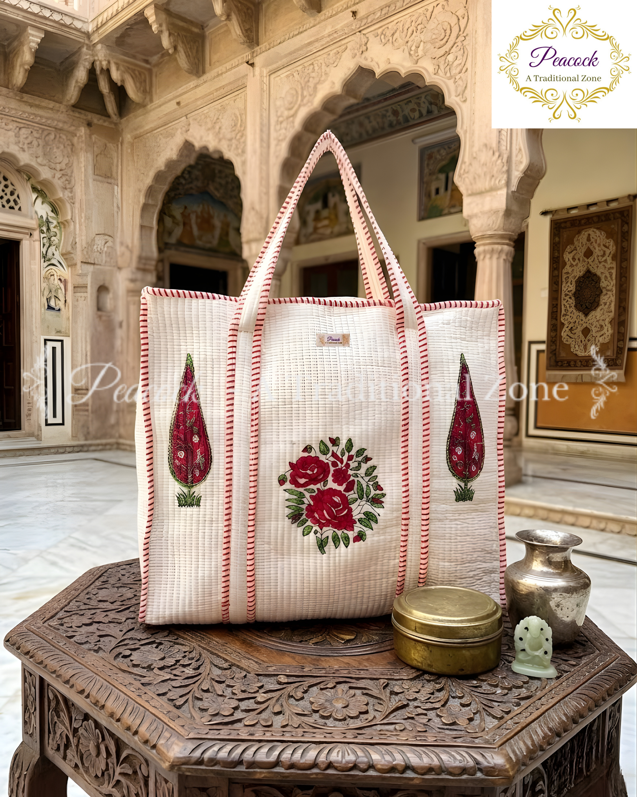Rani Gulabini Heritage Tote – Hand Block Printed Quilted Rose Carry Bag