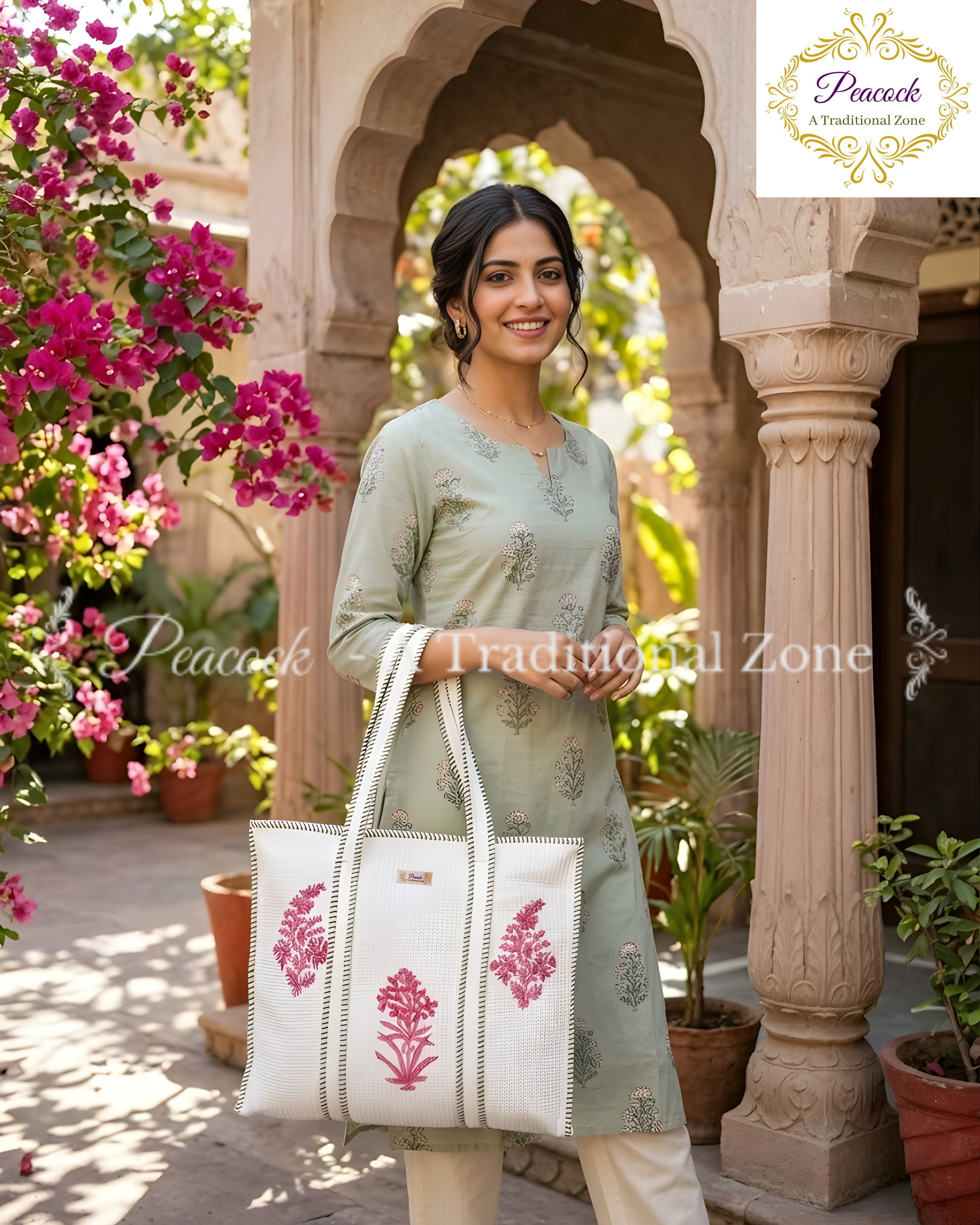 Vasanti Pushpa Heritage Tote – Hand Block Printed Quilted Floral Carry Bag