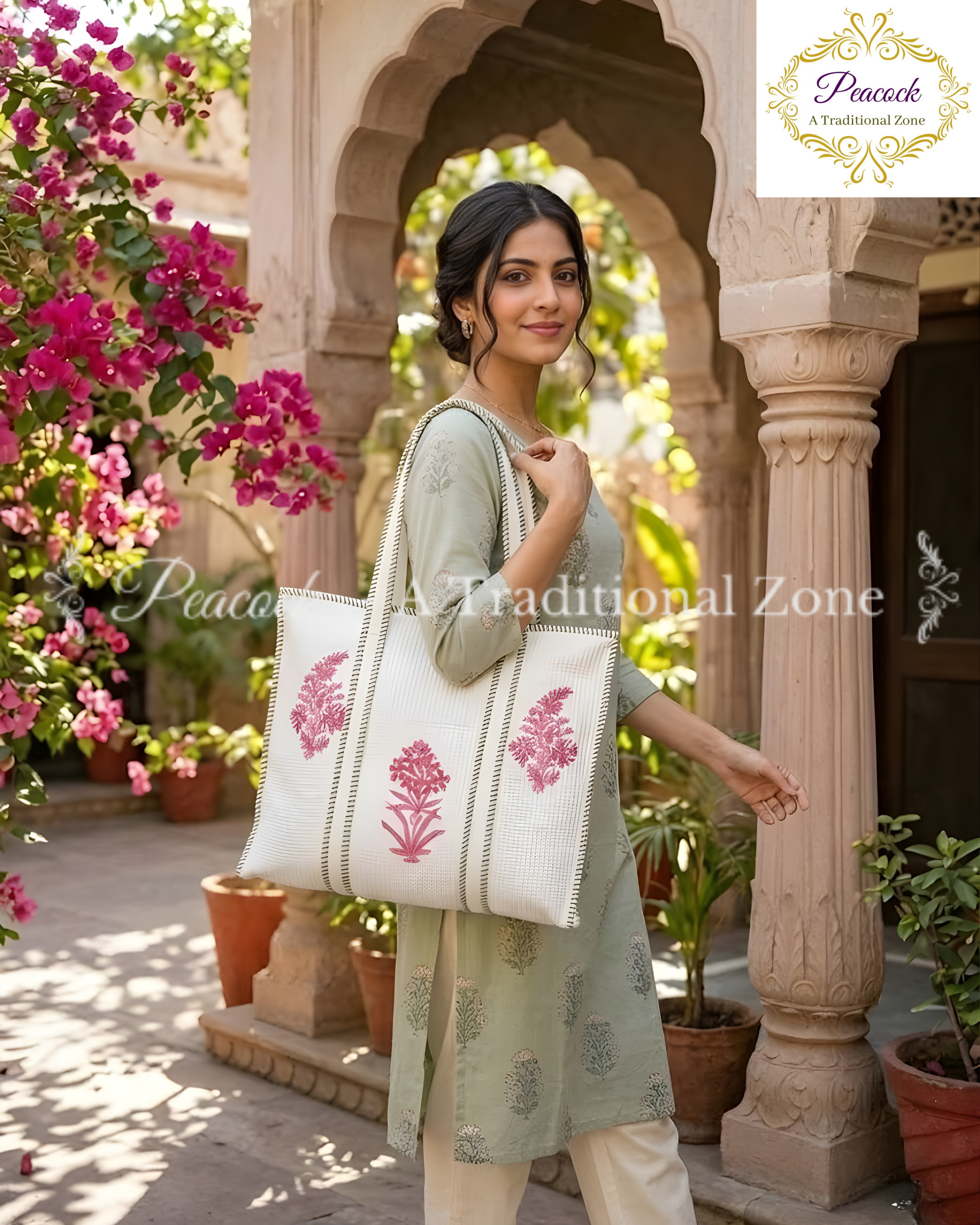 Vasanti Pushpa Heritage Tote – Hand Block Printed Quilted Floral Carry Bag