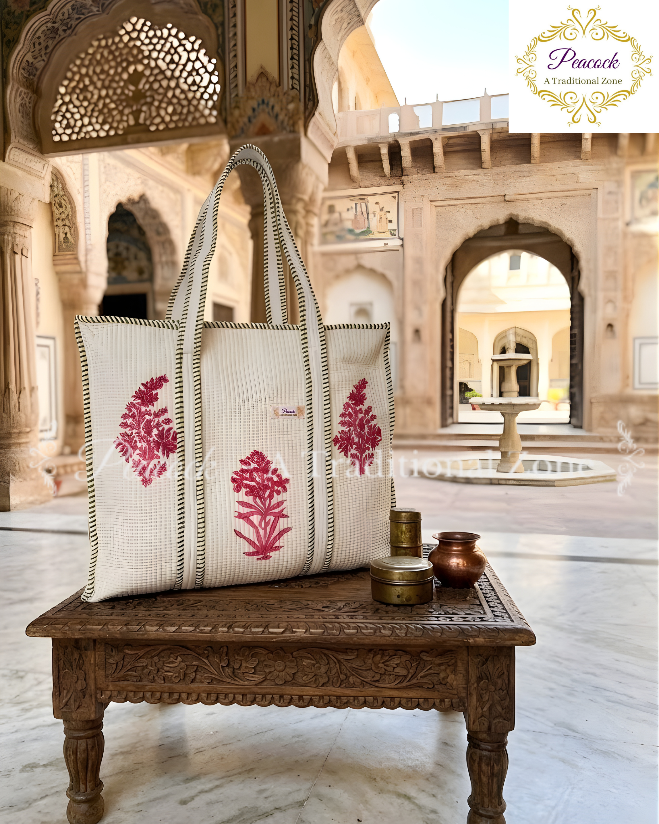 Vasanti Pushpa Heritage Tote – Hand Block Printed Quilted Floral Carry Bag