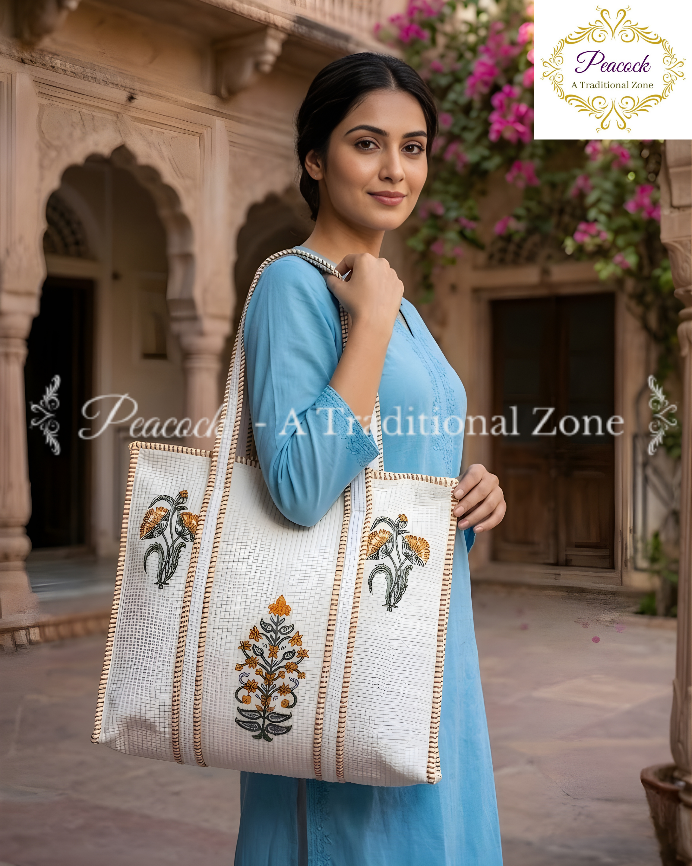 Kusumita Heritage Tote – Hand Block Printed Quilted Floral Carry Bag