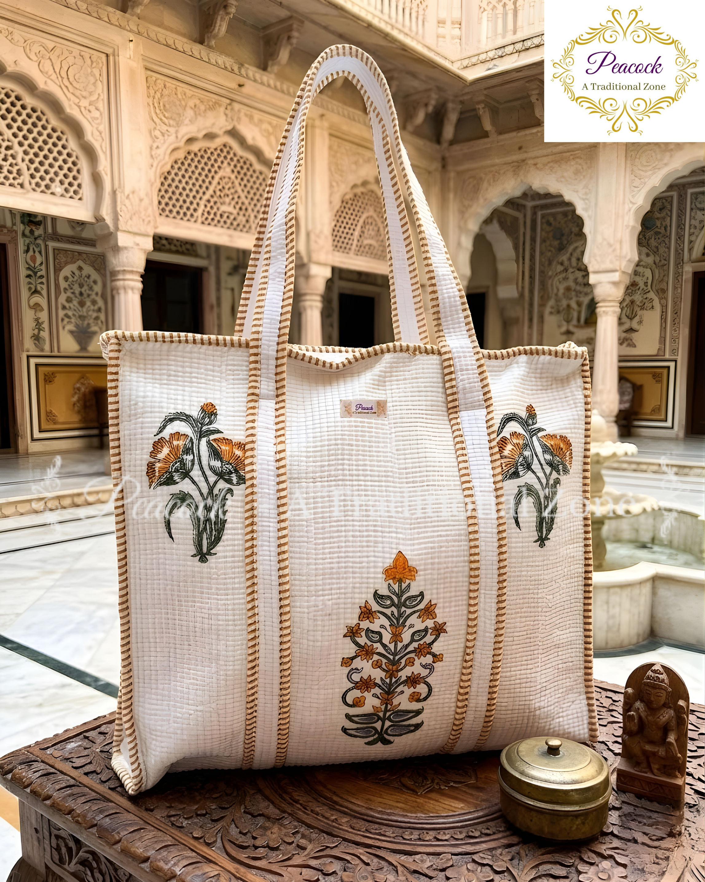 Kusumita Heritage Tote – Hand Block Printed Quilted Floral Carry Bag