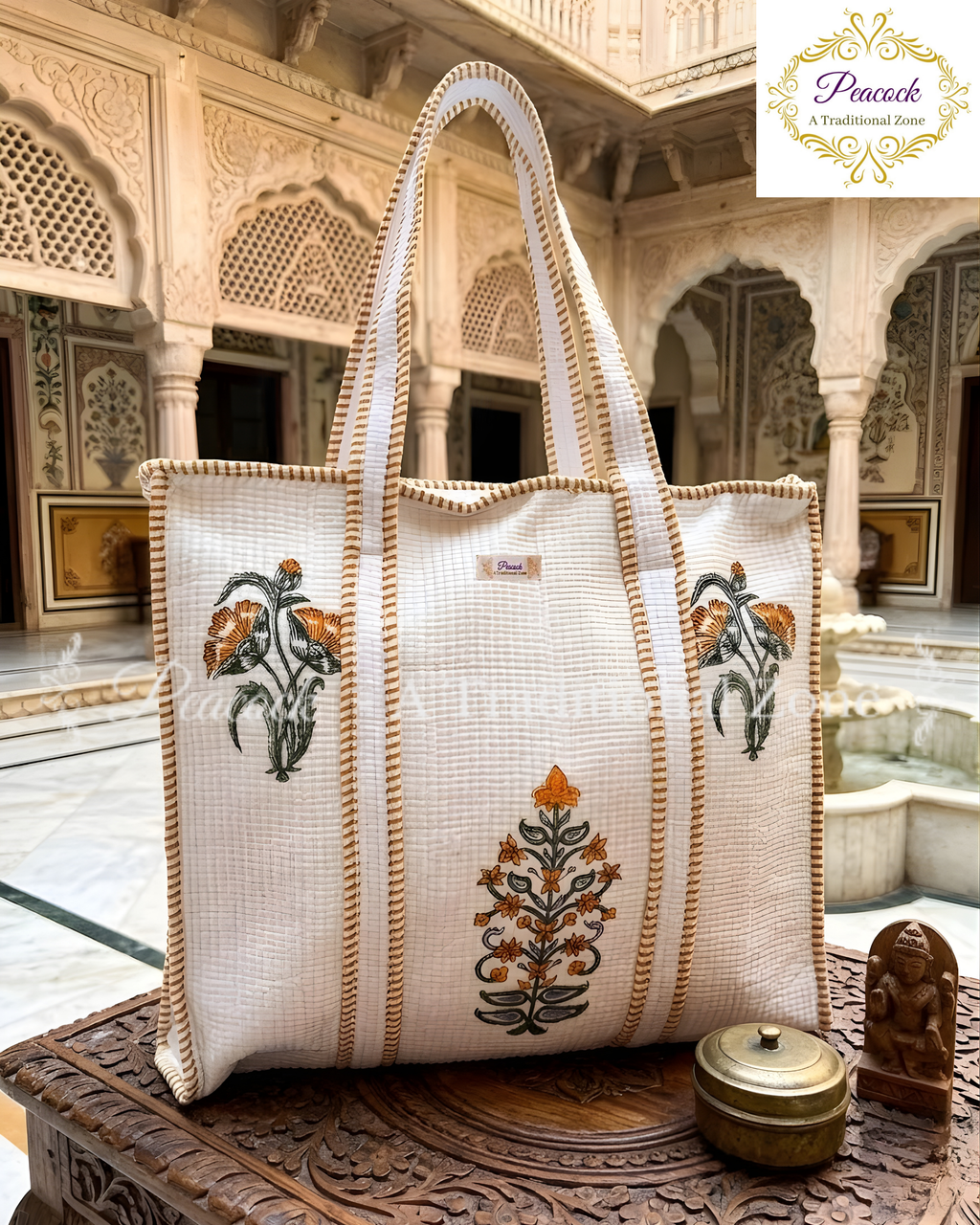 Kusumita Heritage Tote – Hand Block Printed Quilted Floral Carry Bag