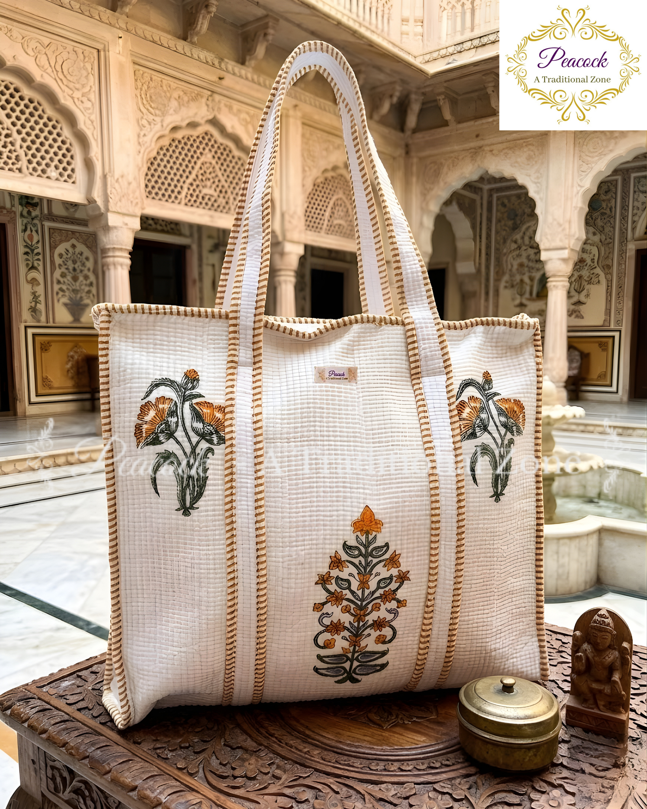 Kusumita Heritage Tote – Hand Block Printed Quilted Floral Carry Bag