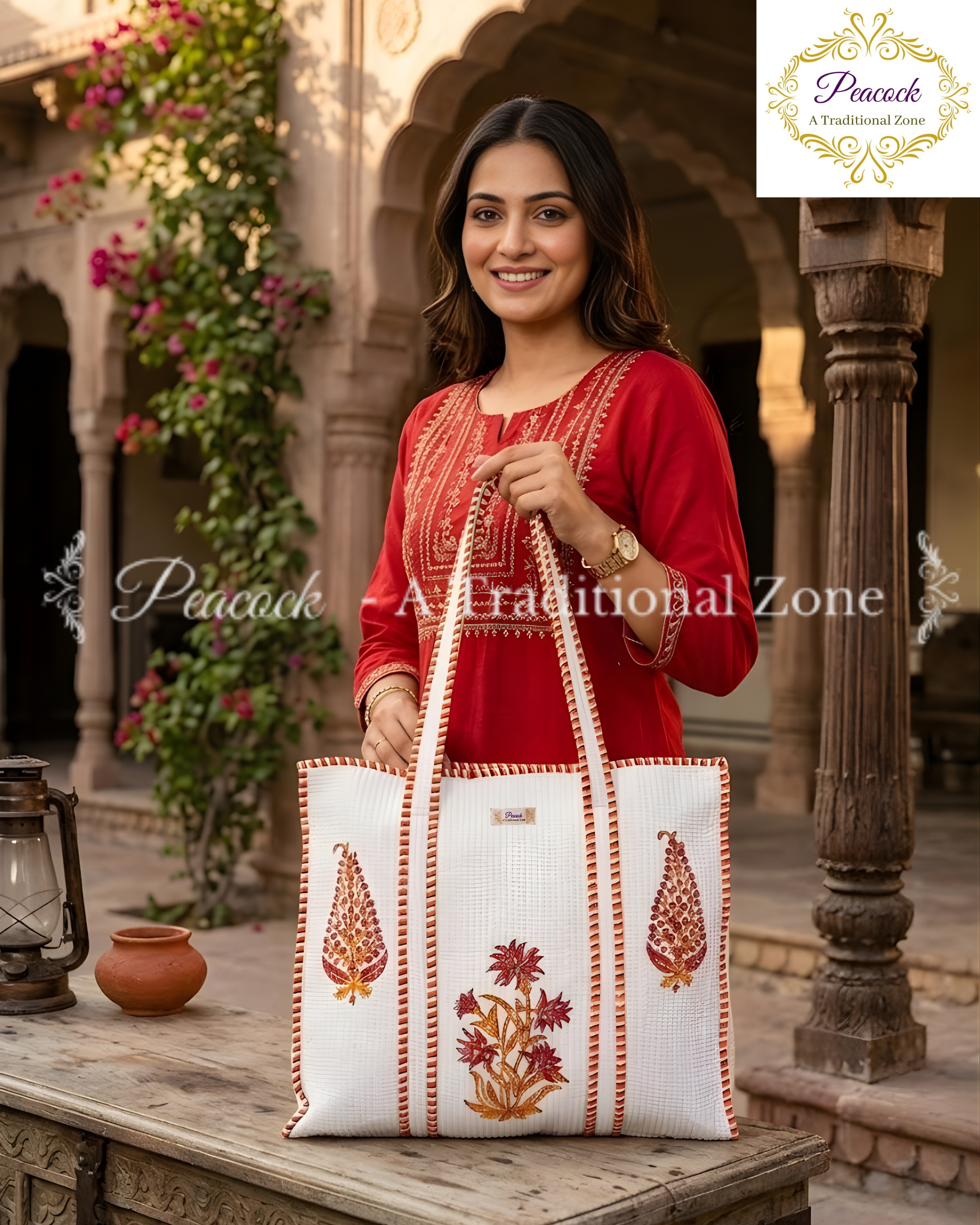 Kanak Pushpa Heritage Tote – Hand Block Printed Quilted Floral Carry Bag
