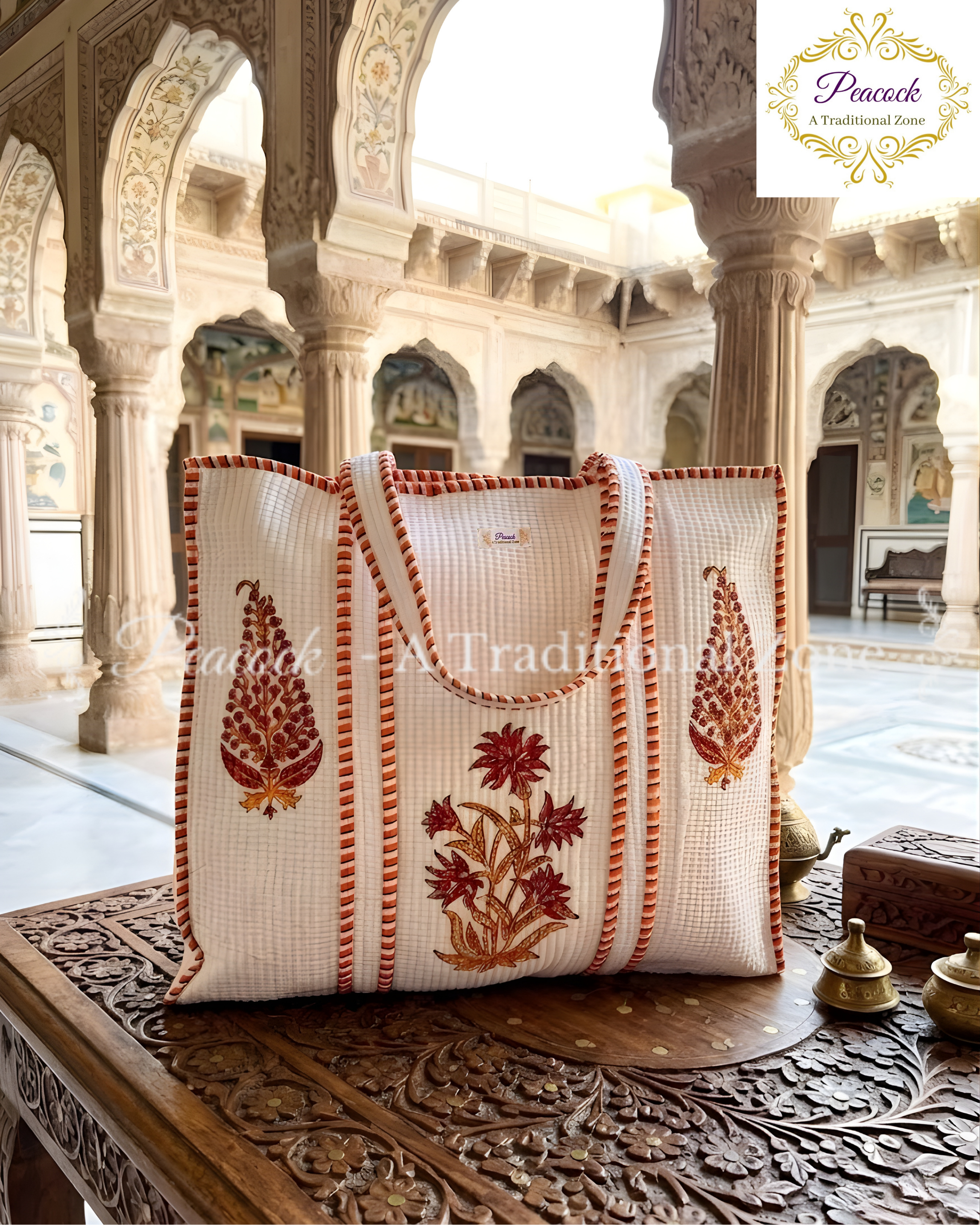 Kanak Pushpa Heritage Tote – Hand Block Printed Quilted Floral Carry Bag