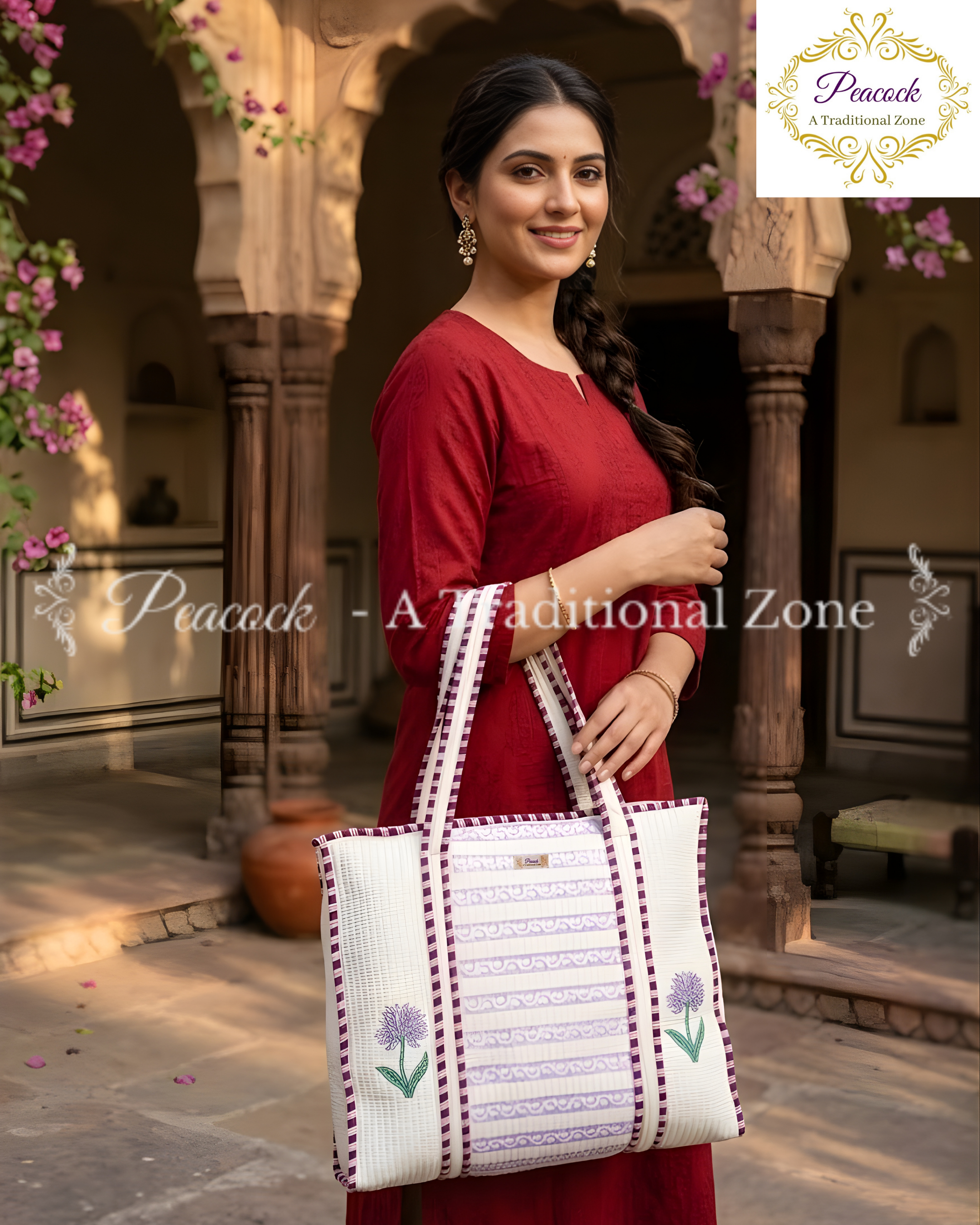 Mridula Pushpa Heritage Tote – Hand Block Printed Quilted Floral Carry Bag