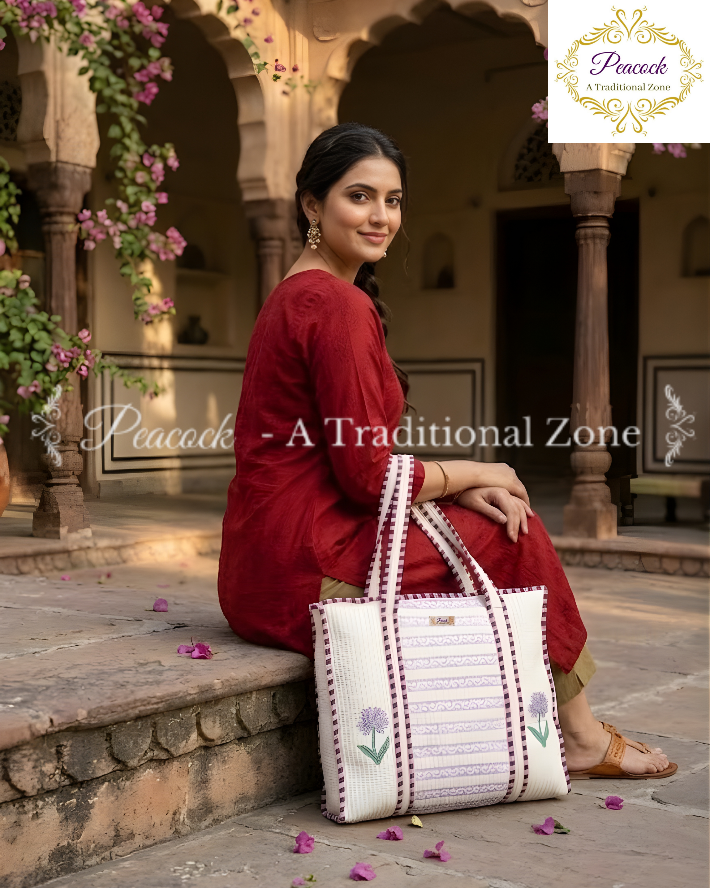 Mridula Pushpa Heritage Tote – Hand Block Printed Quilted Floral Carry Bag