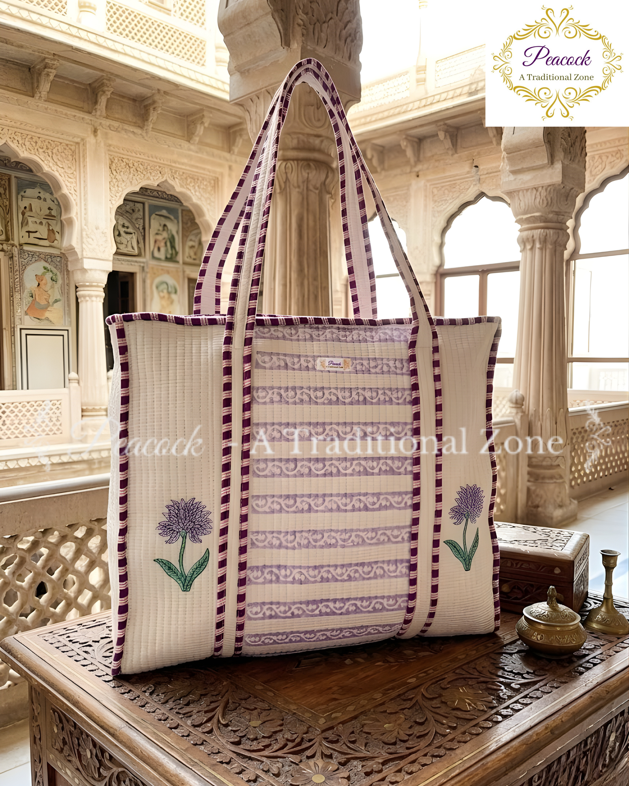 Mridula Pushpa Heritage Tote – Hand Block Printed Quilted Floral Carry Bag