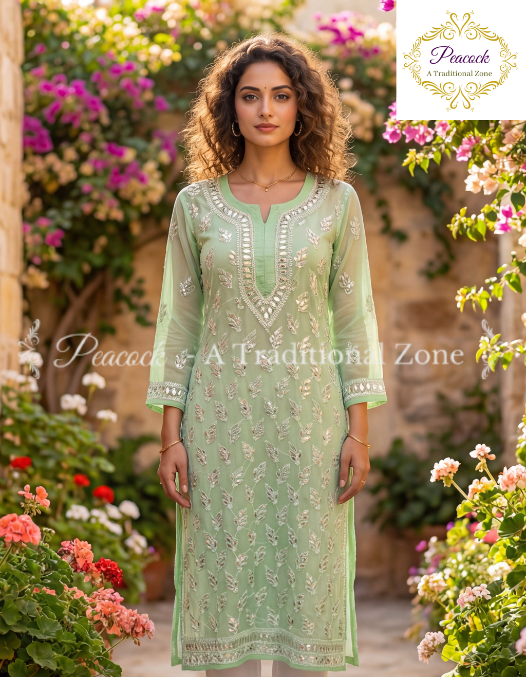 Chiffon Chikankari Gotapatti Long Kurti