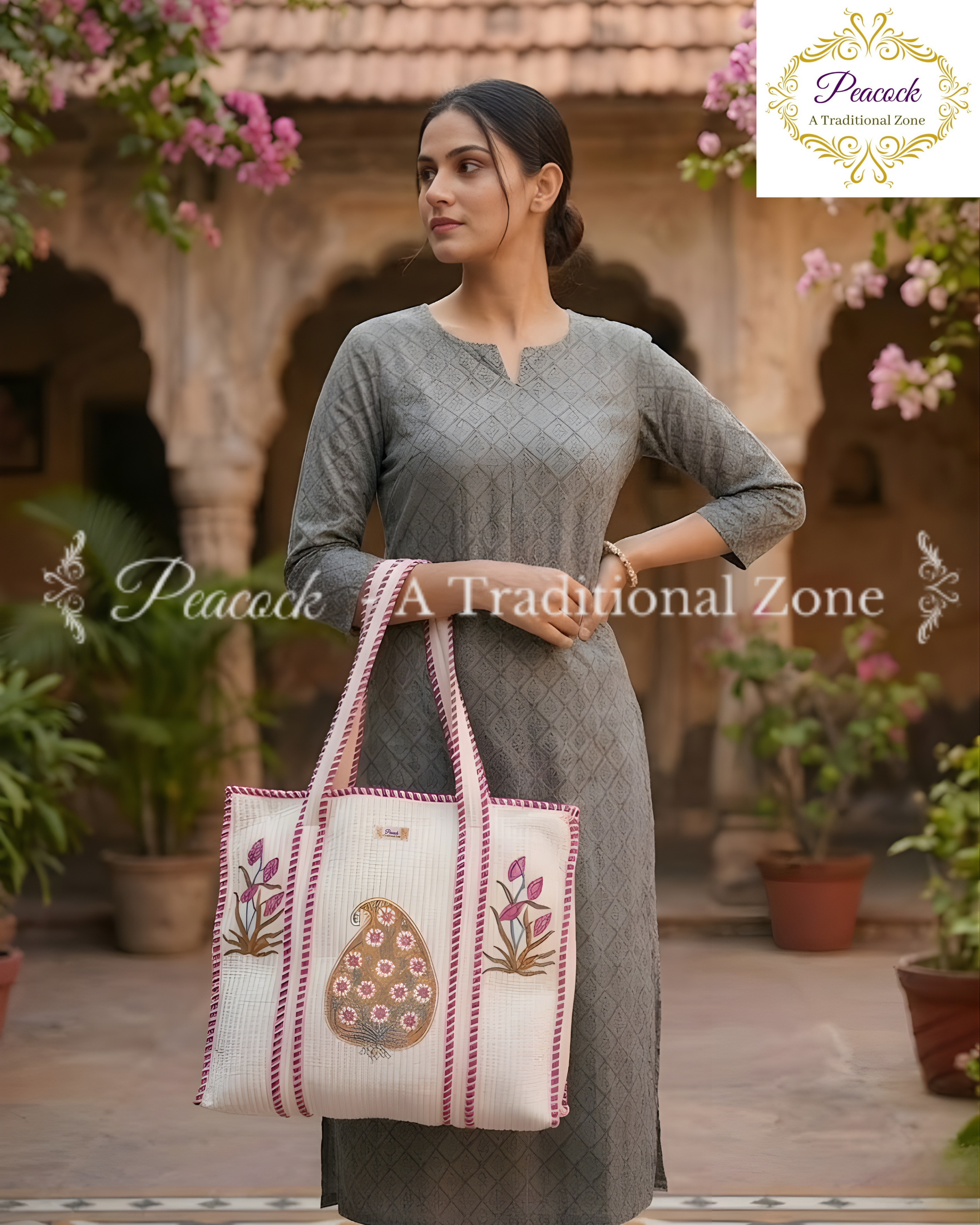 Padmika Valli Heritage Tote – Hand Block Printed Quilted Paisley Floral Carry Bag