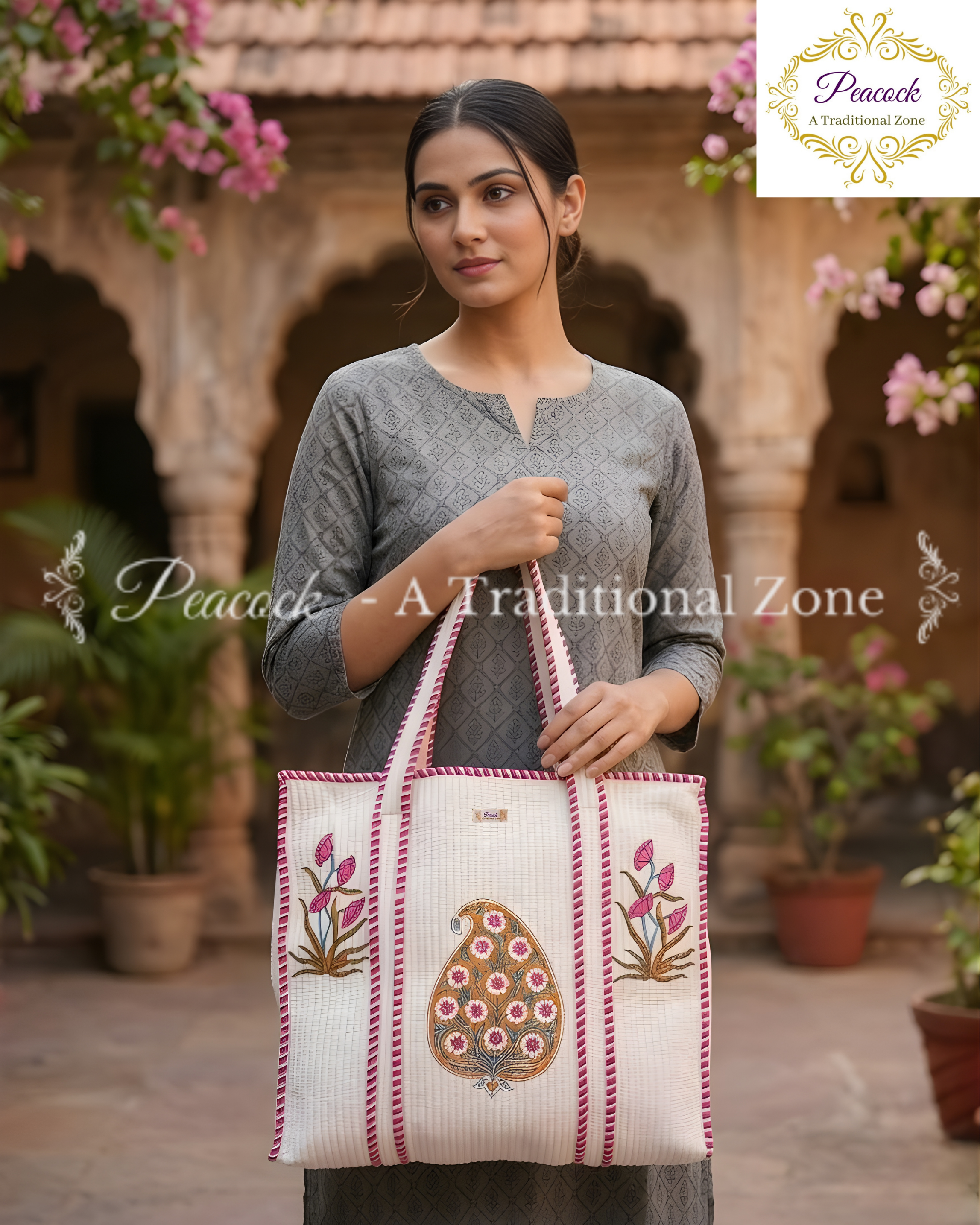 Padmika Valli Heritage Tote – Hand Block Printed Quilted Paisley Floral Carry Bag