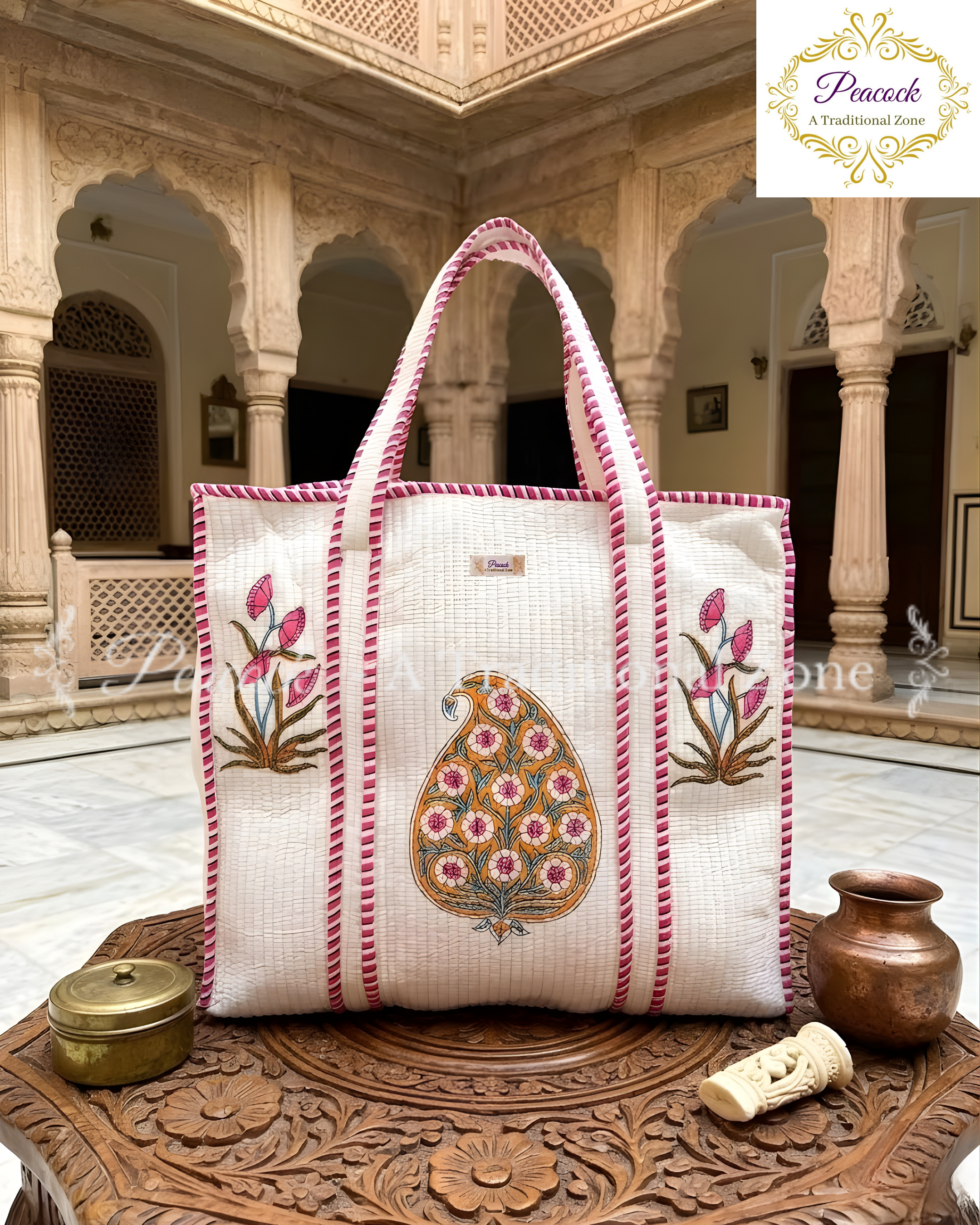 Padmika Valli Heritage Tote – Hand Block Printed Quilted Paisley Floral Carry Bag