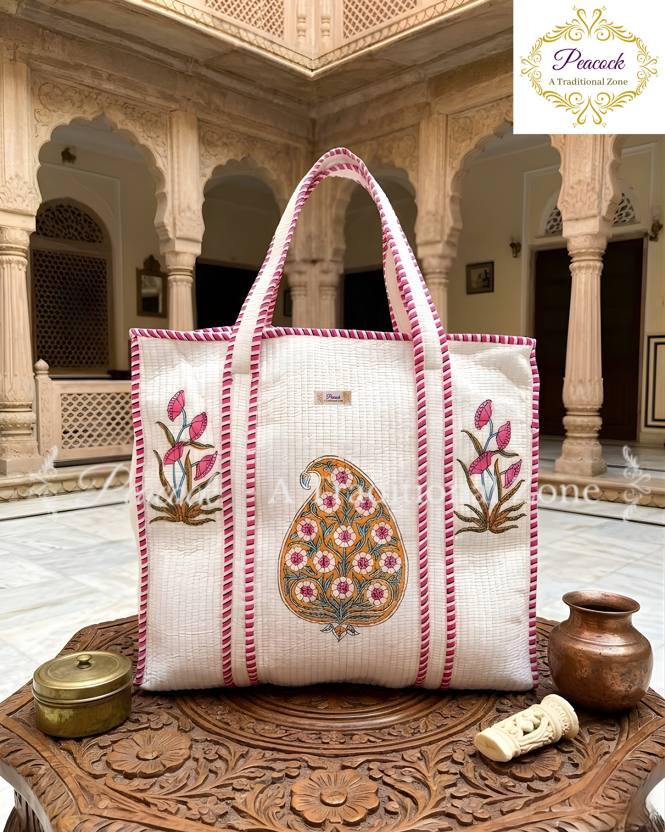 Padmika Valli Heritage Tote – Hand Block Printed Quilted Paisley Floral Carry Bag