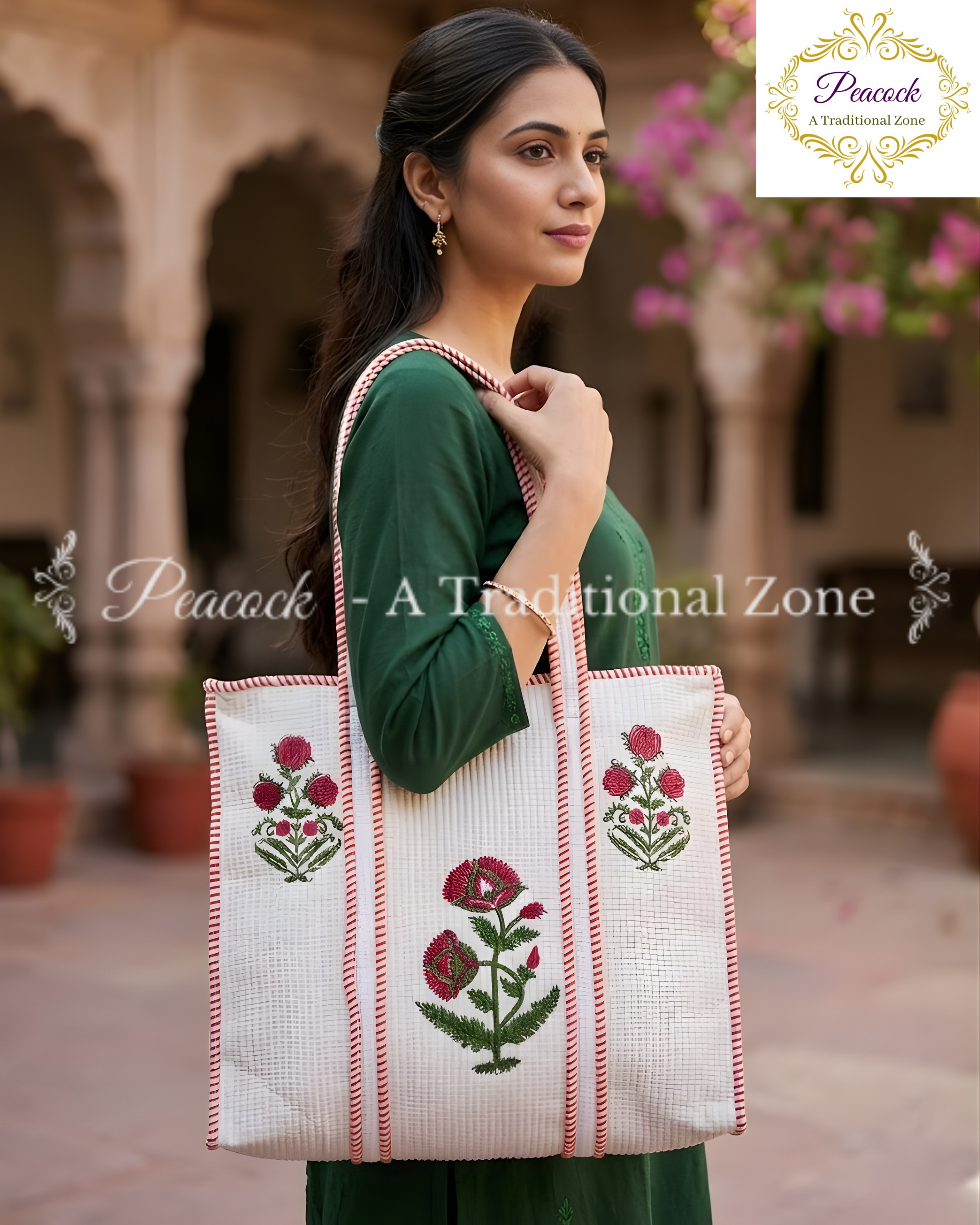 Raktima Pushpa Heritage Tote – Hand Block Printed Quilted Floral Carry Bag