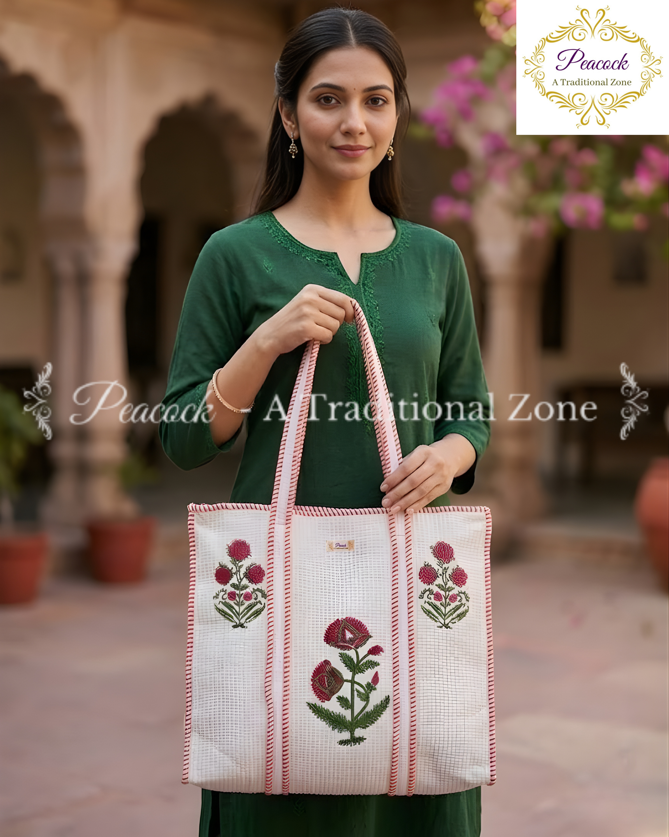 Raktima Pushpa Heritage Tote – Hand Block Printed Quilted Floral Carry Bag