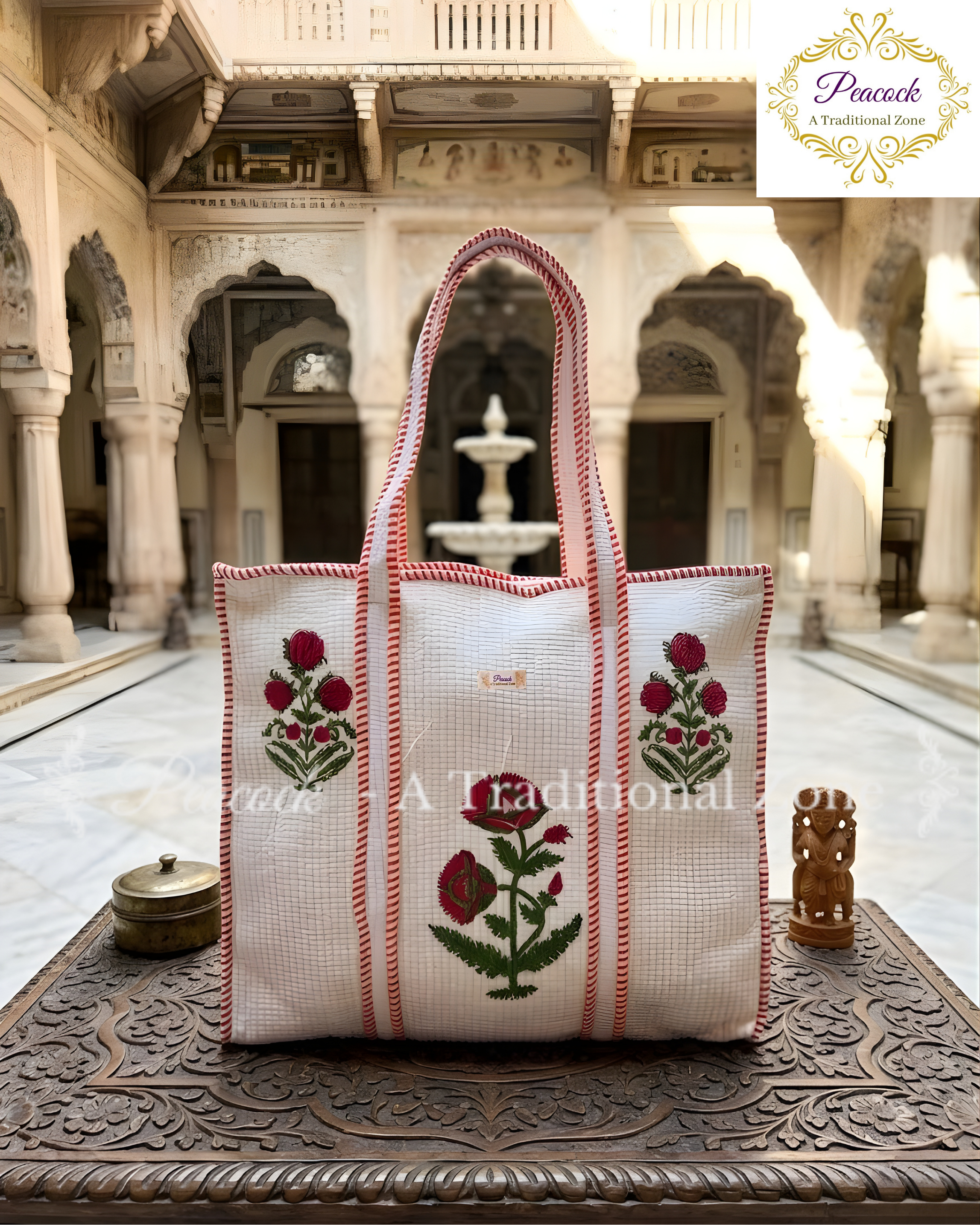 Raktima Pushpa Heritage Tote – Hand Block Printed Quilted Floral Carry Bag