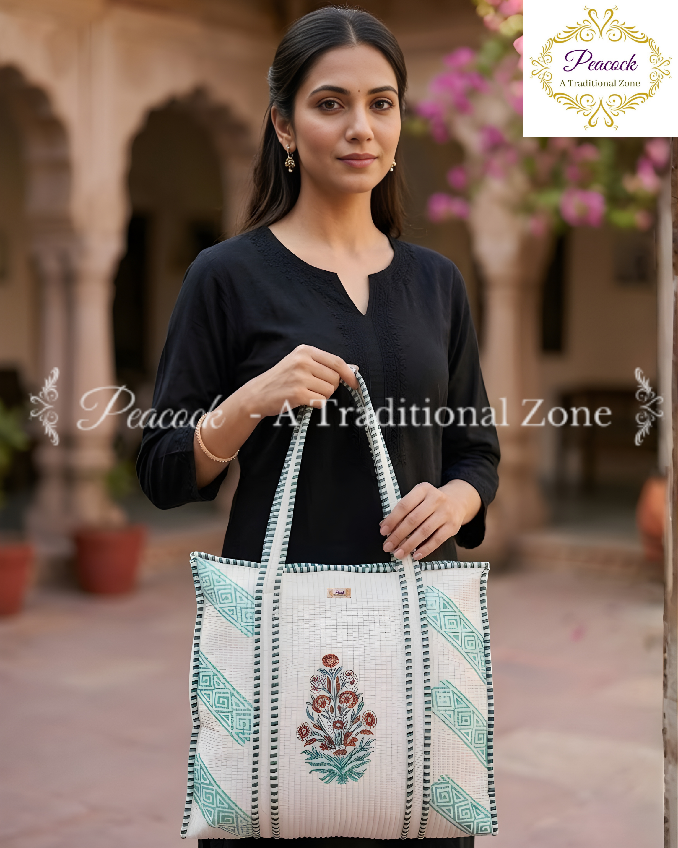 Harini Pushpa Heritage Tote – Hand Block Printed Quilted Floral Carry Bag