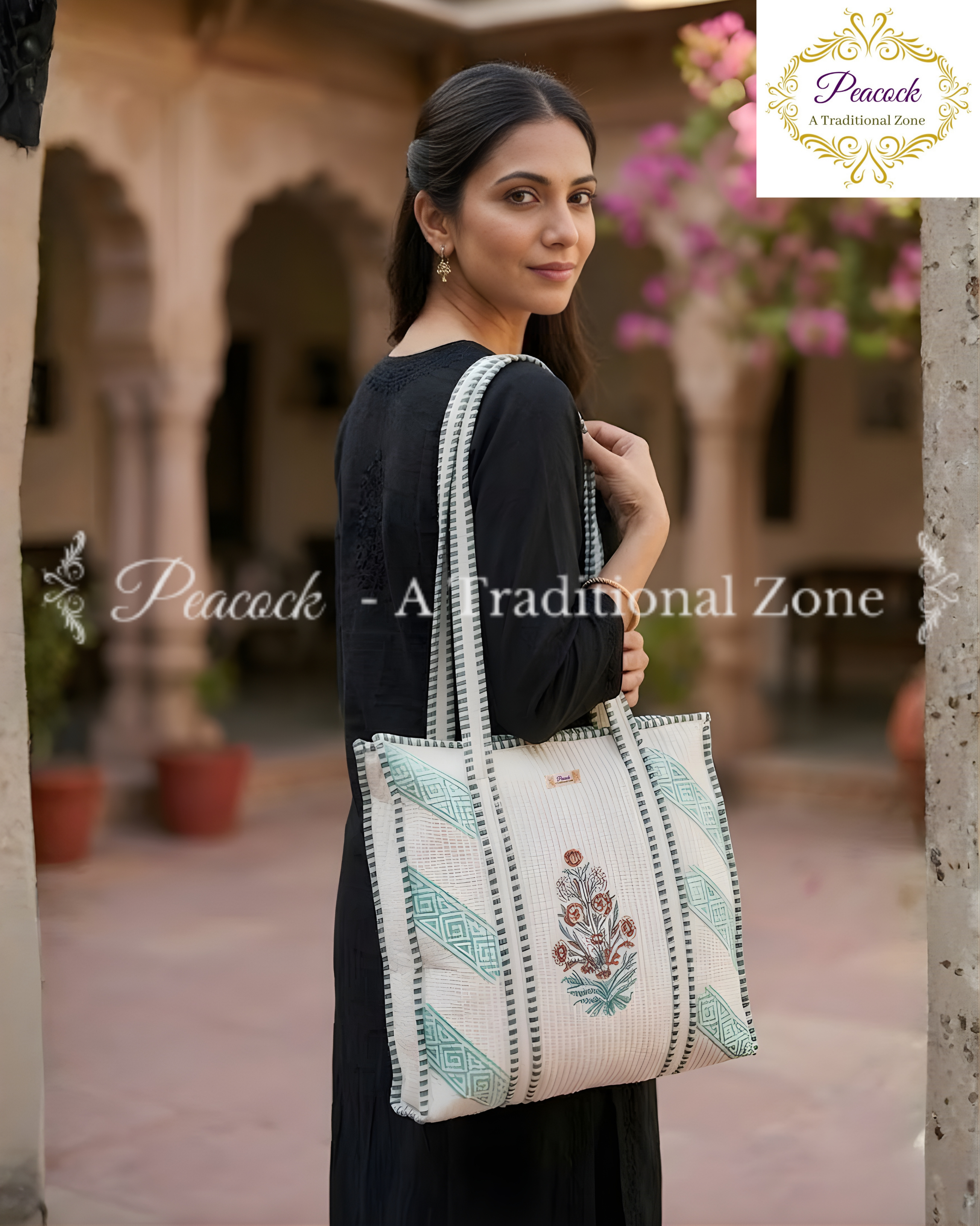 Harini Pushpa Heritage Tote – Hand Block Printed Quilted Floral Carry Bag