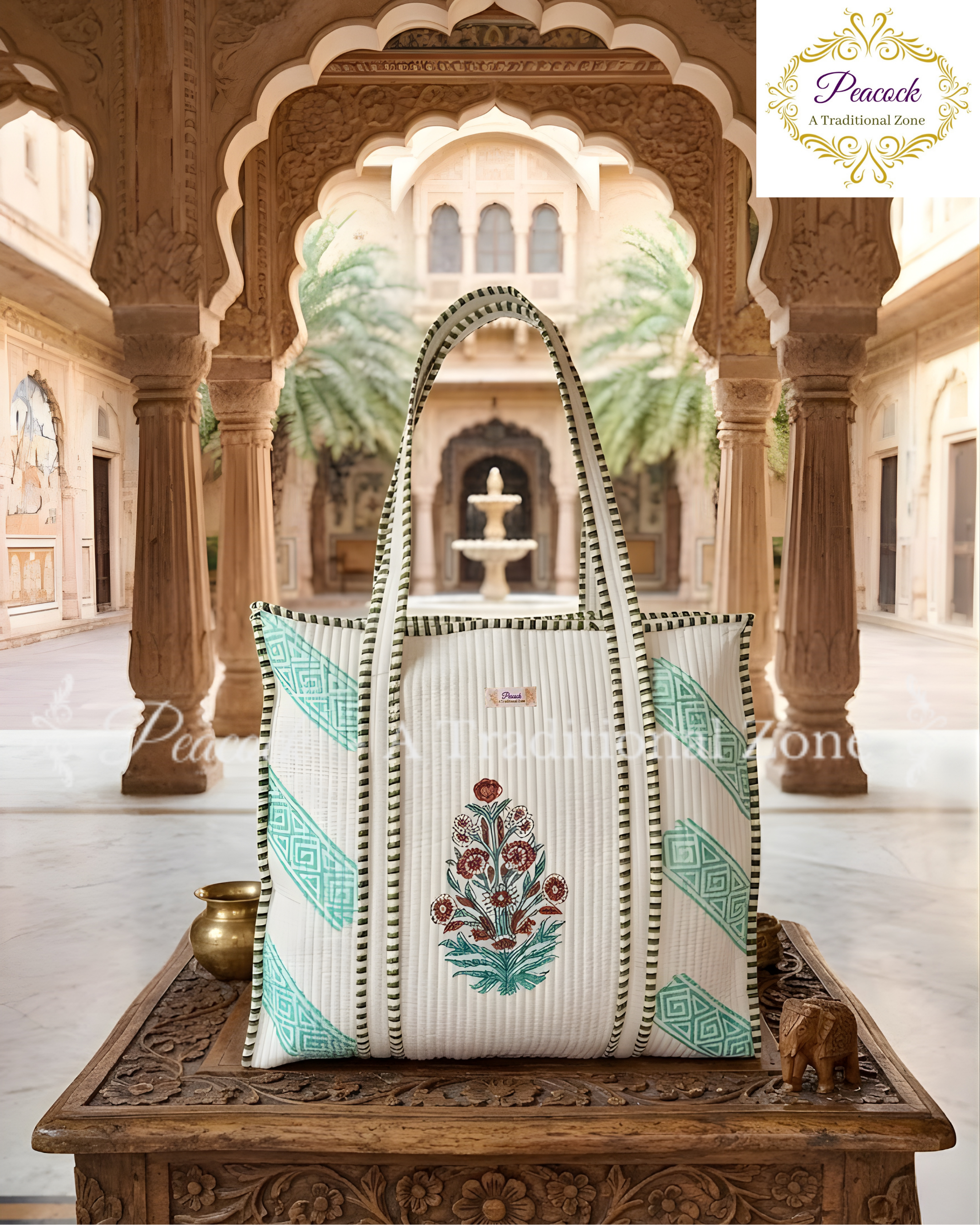 Harini Pushpa Heritage Tote – Hand Block Printed Quilted Floral Carry Bag