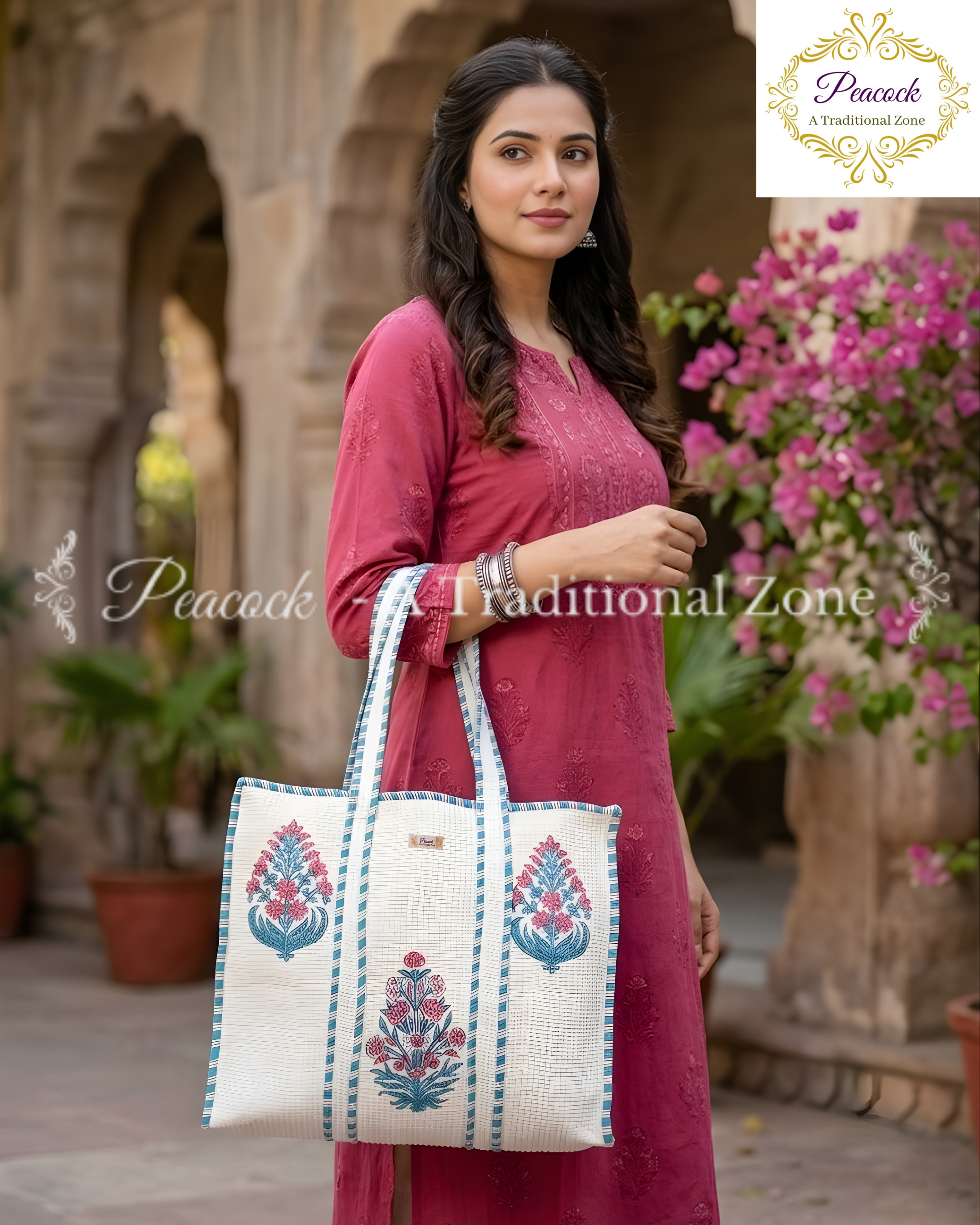 Indraneel Heritage Tote – Hand Block Printed Quilted Floral Carry Bag