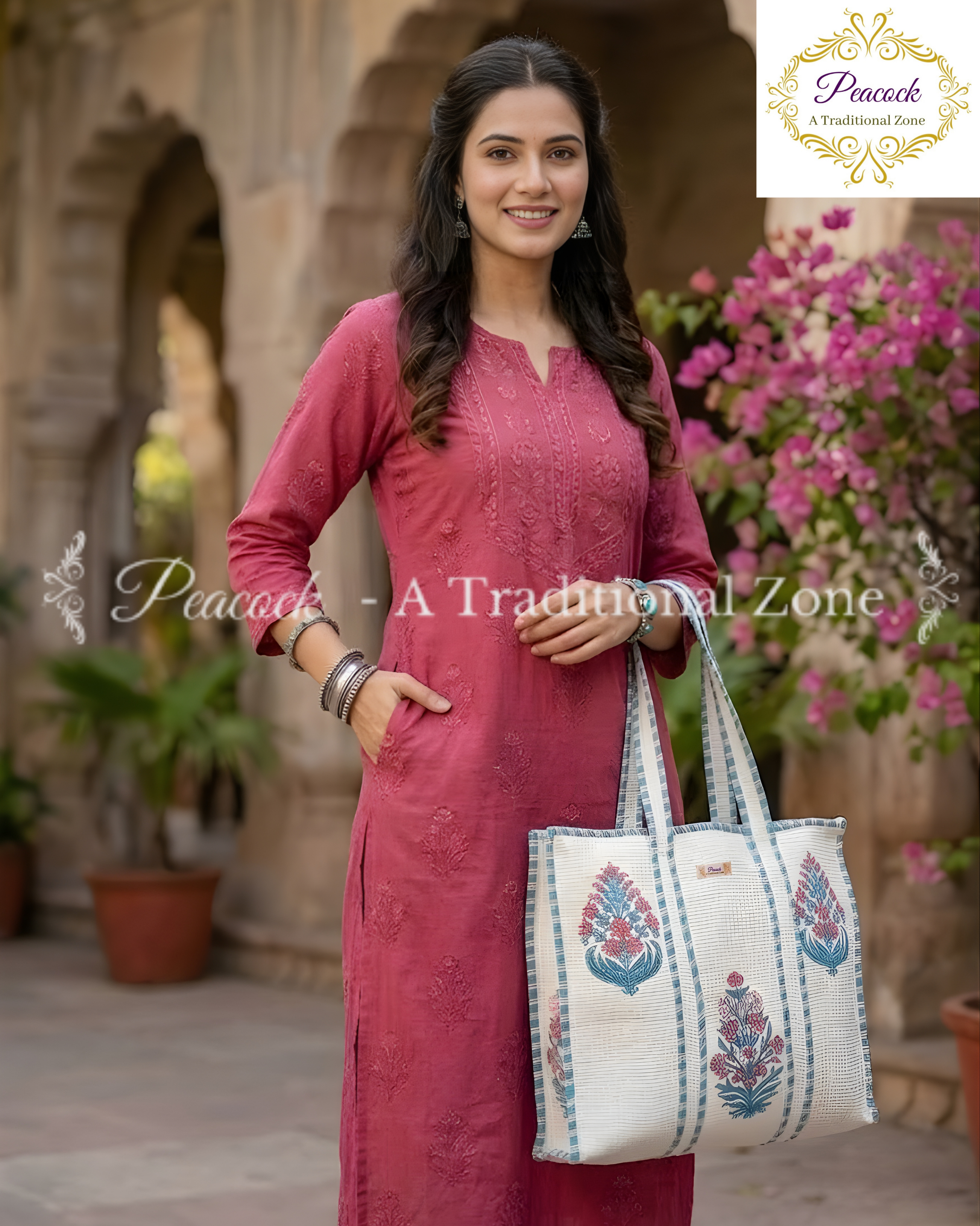Indraneel Heritage Tote – Hand Block Printed Quilted Floral Carry Bag