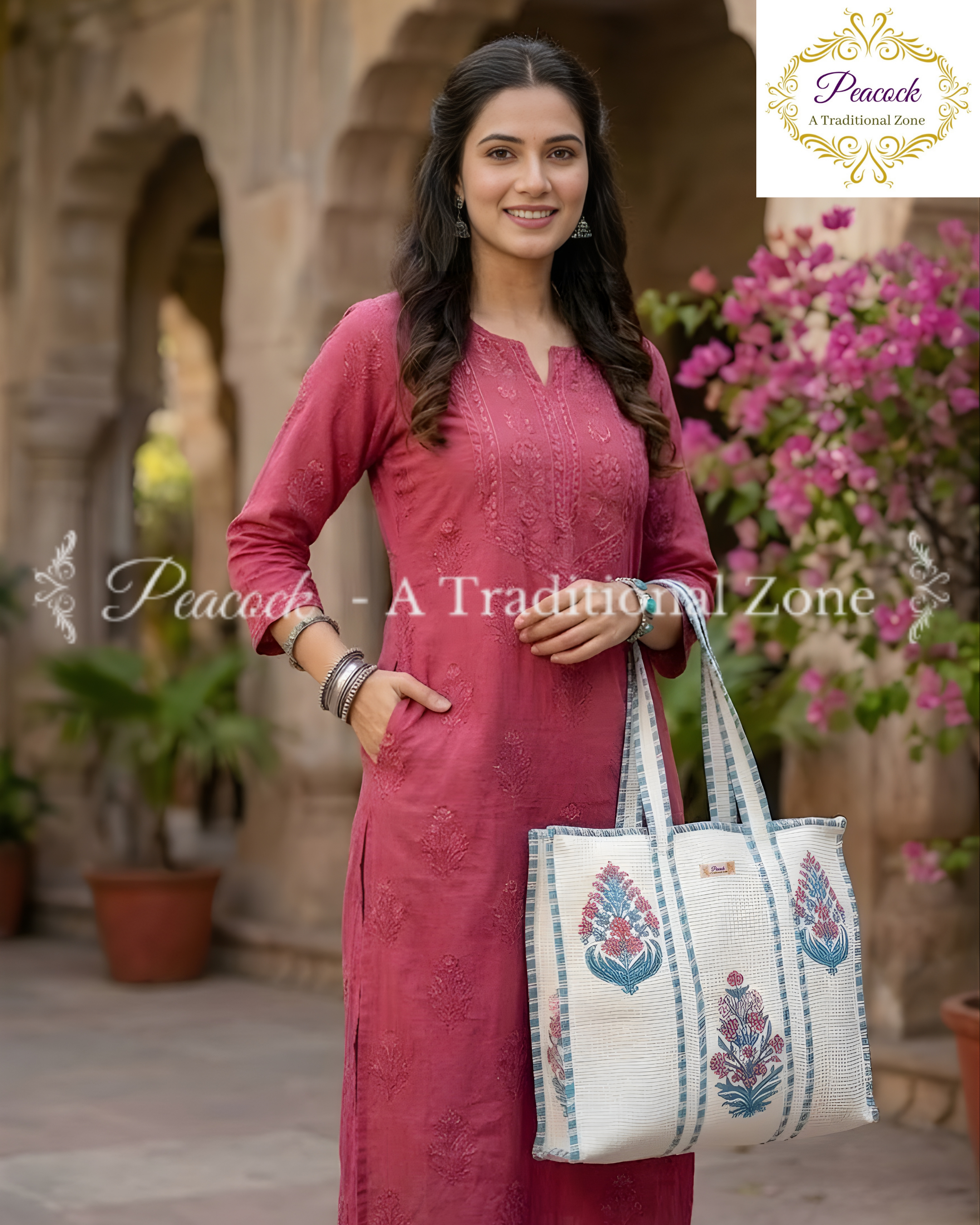Indraneel Heritage Tote – Hand Block Printed Quilted Floral Carry Bag