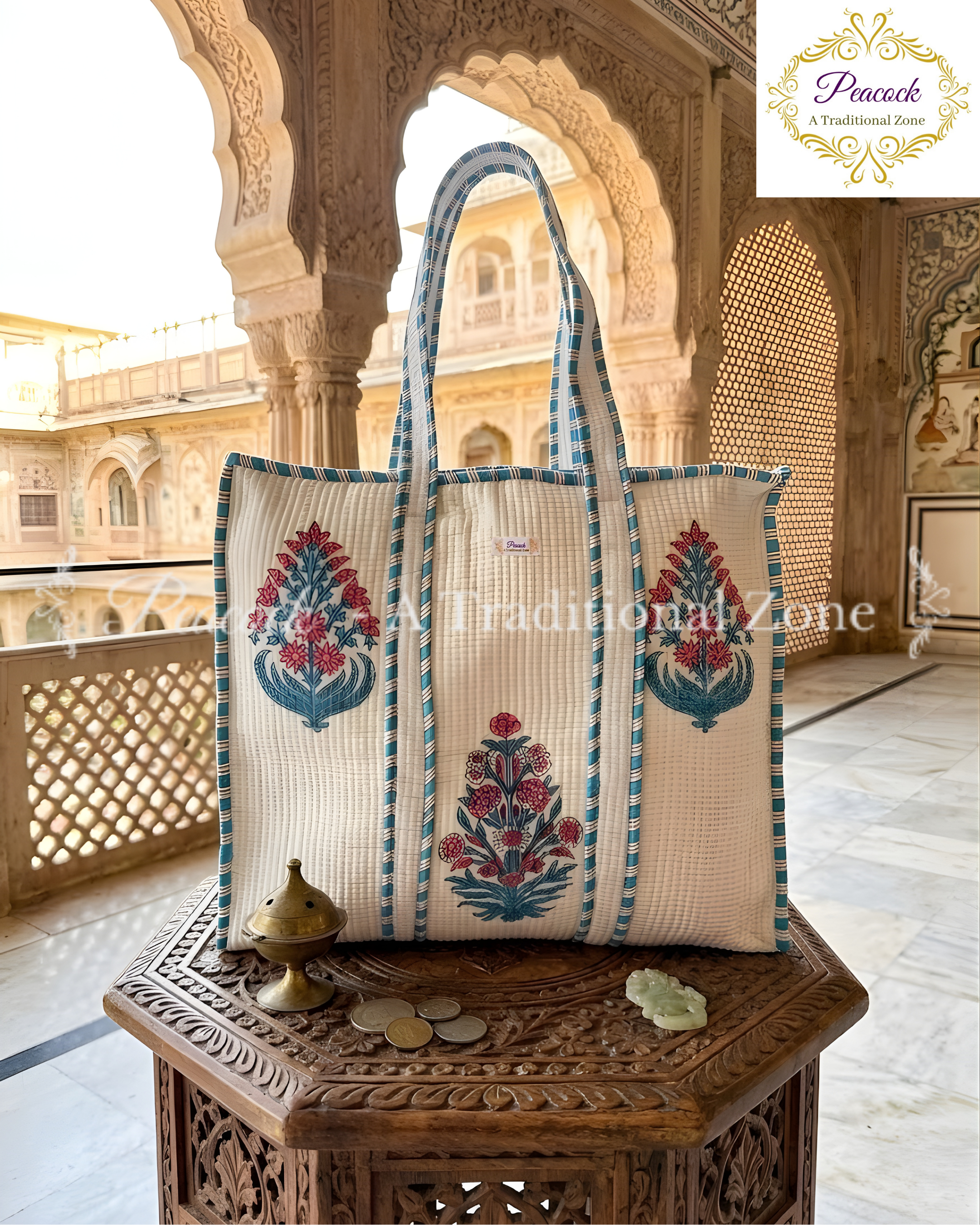 Indraneel Heritage Tote – Hand Block Printed Quilted Floral Carry Bag