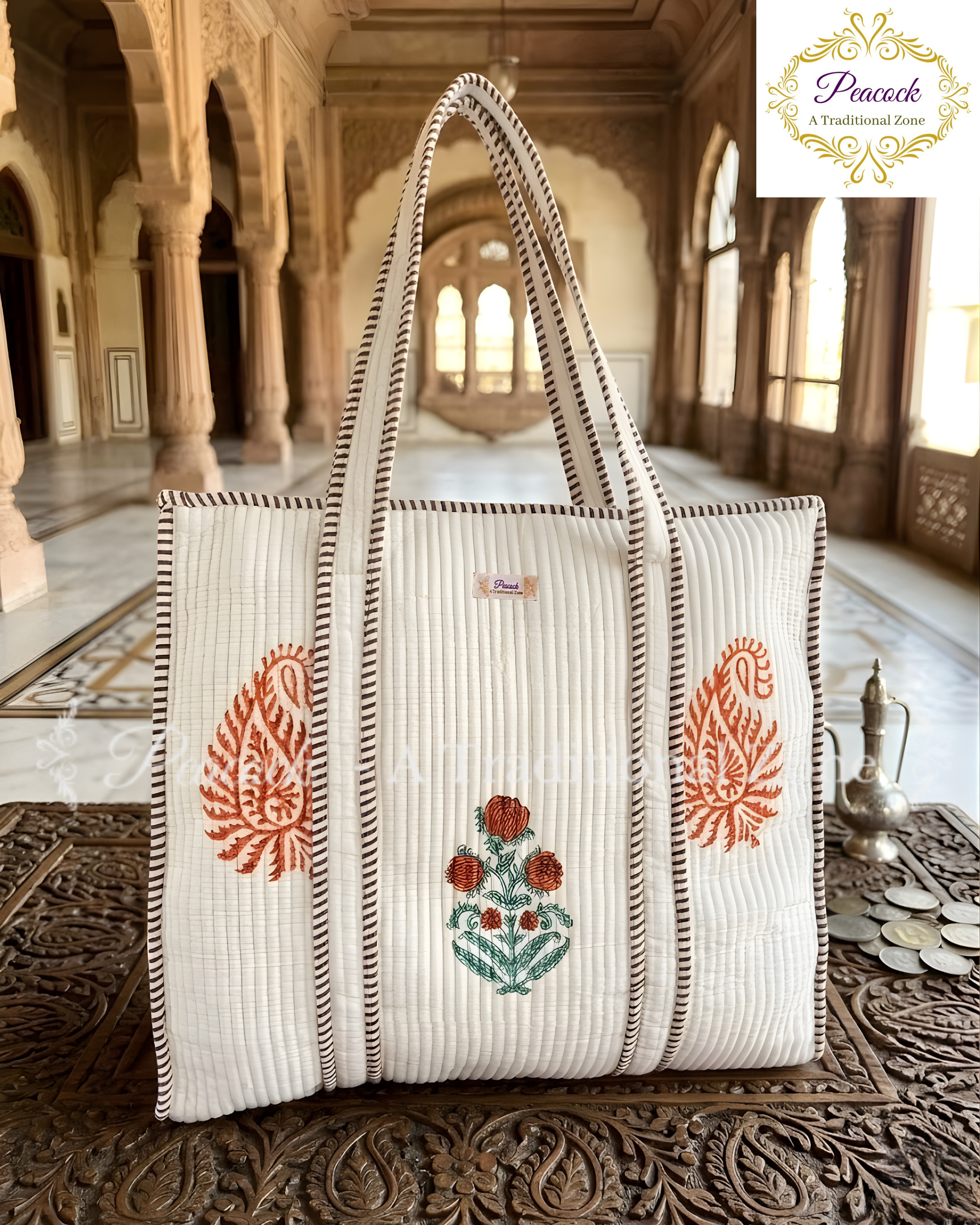 Vasundhara Paisley Heritage Tote – Hand Block Printed Quilted Carry Bag