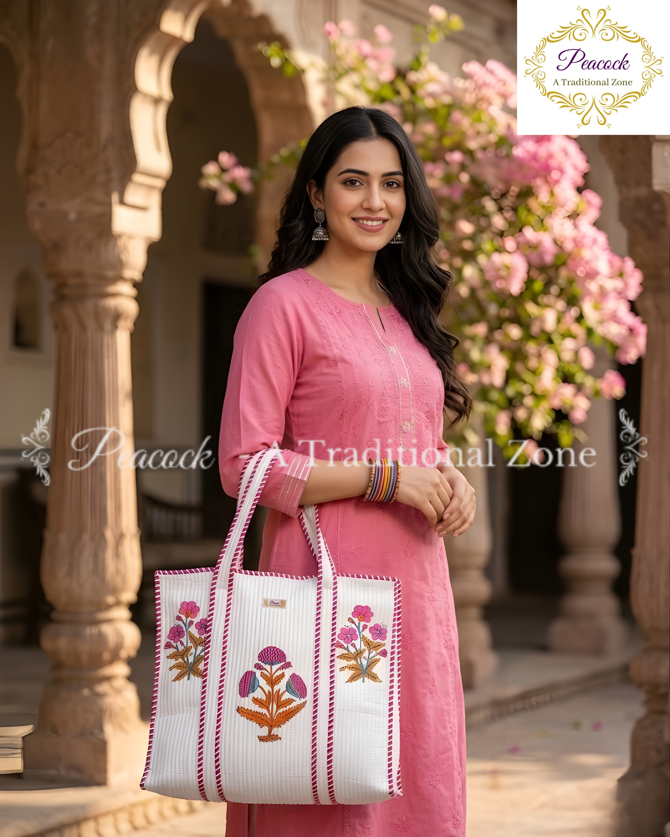 Pallavi Pushpa Heritage Tote – Hand Block Printed Quilted Floral Carry Bag