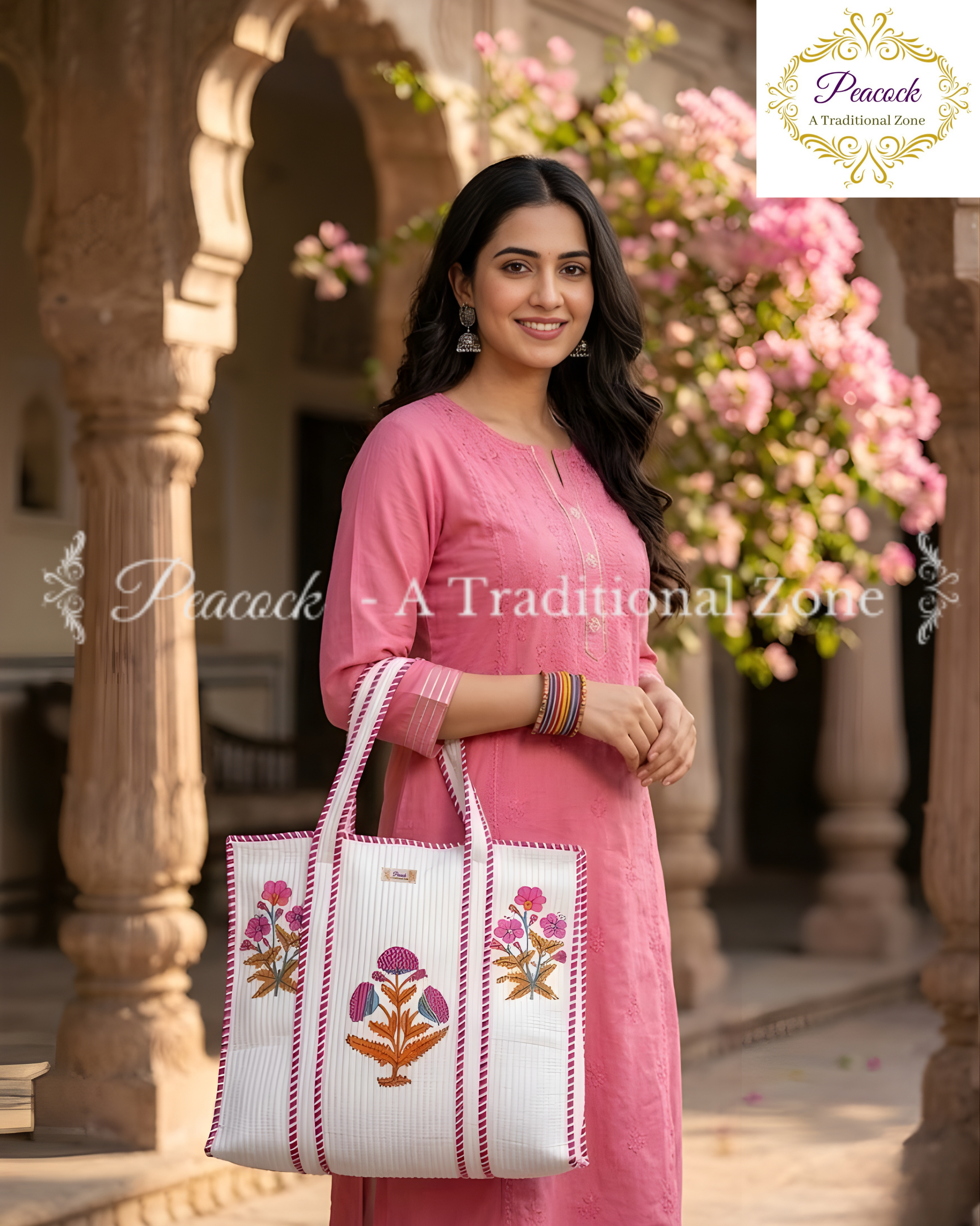 Pallavi Pushpa Heritage Tote – Hand Block Printed Quilted Floral Carry Bag
