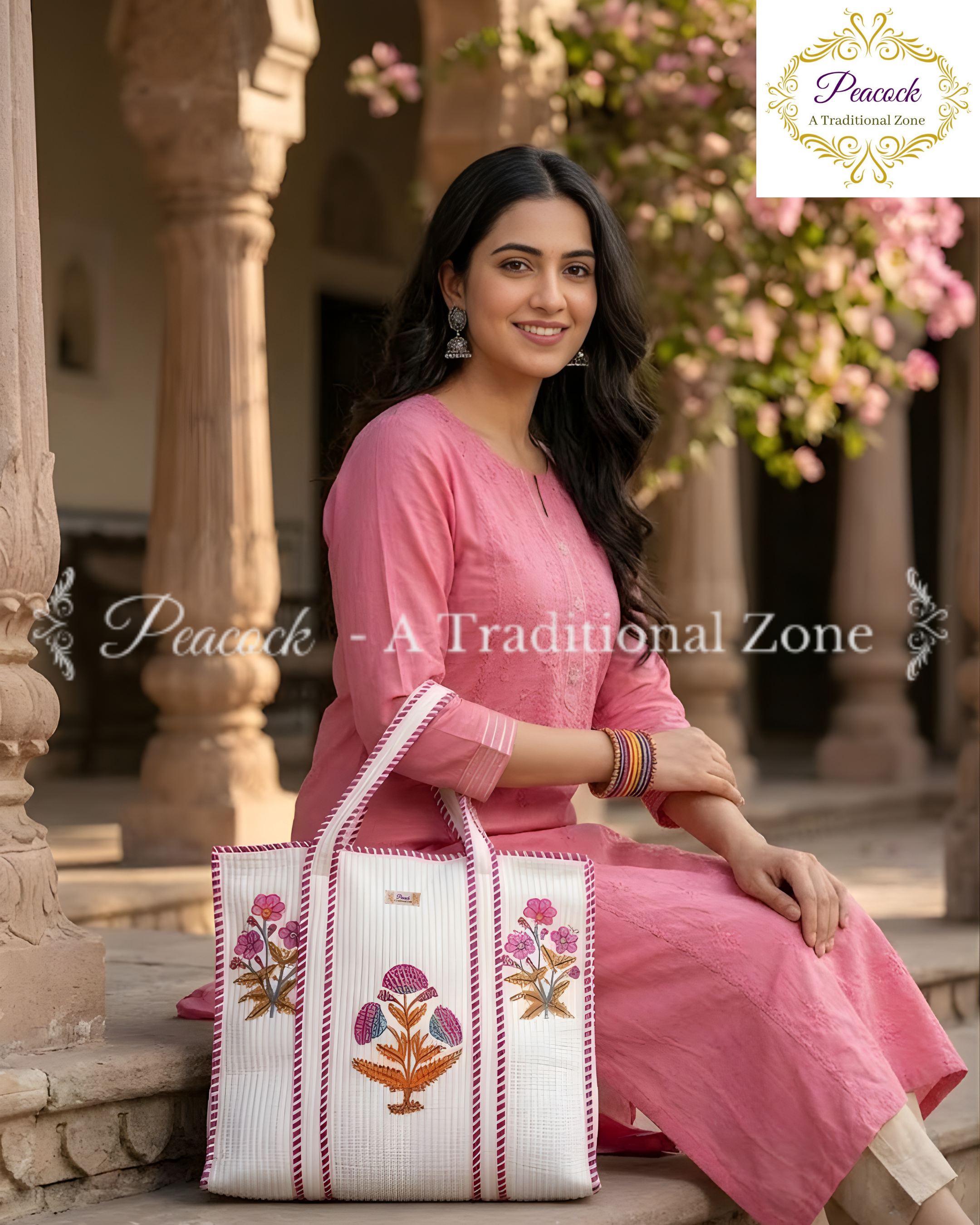 Pallavi Pushpa Heritage Tote – Hand Block Printed Quilted Floral Carry Bag