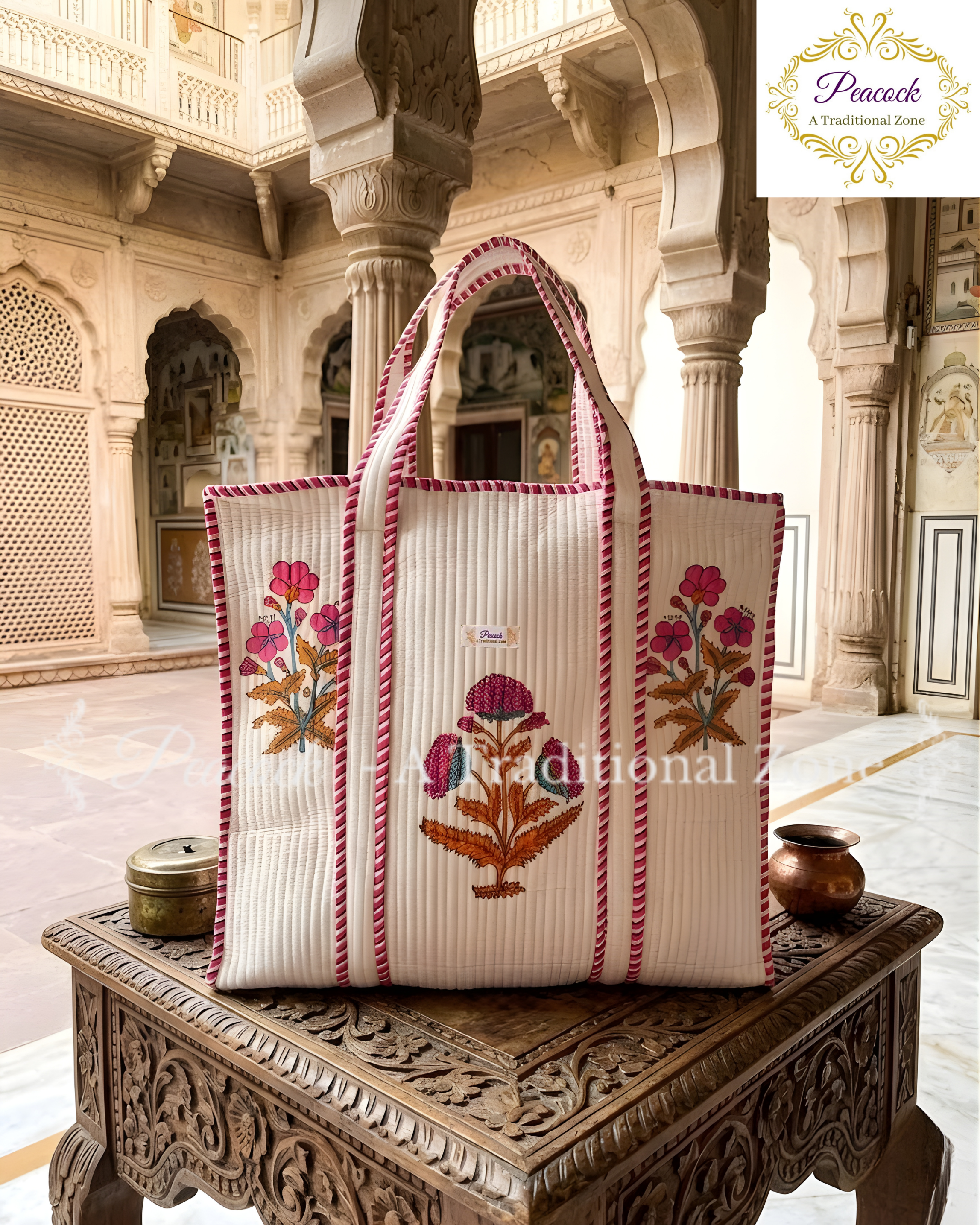 Pallavi Pushpa Heritage Tote – Hand Block Printed Quilted Floral Carry Bag