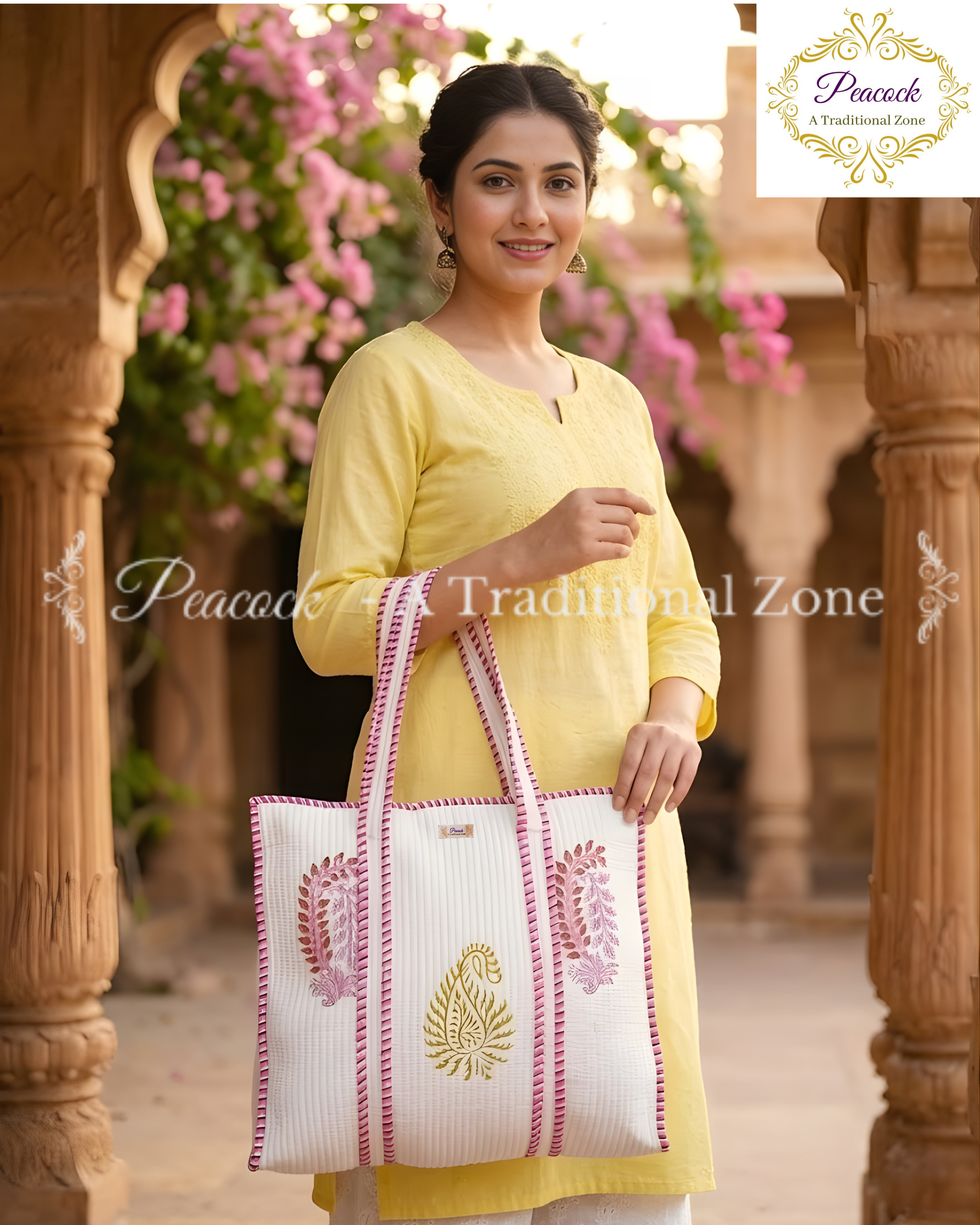 Kairavi Heritage Tote – Hand Block Printed Quilted Paisley Carry Bag