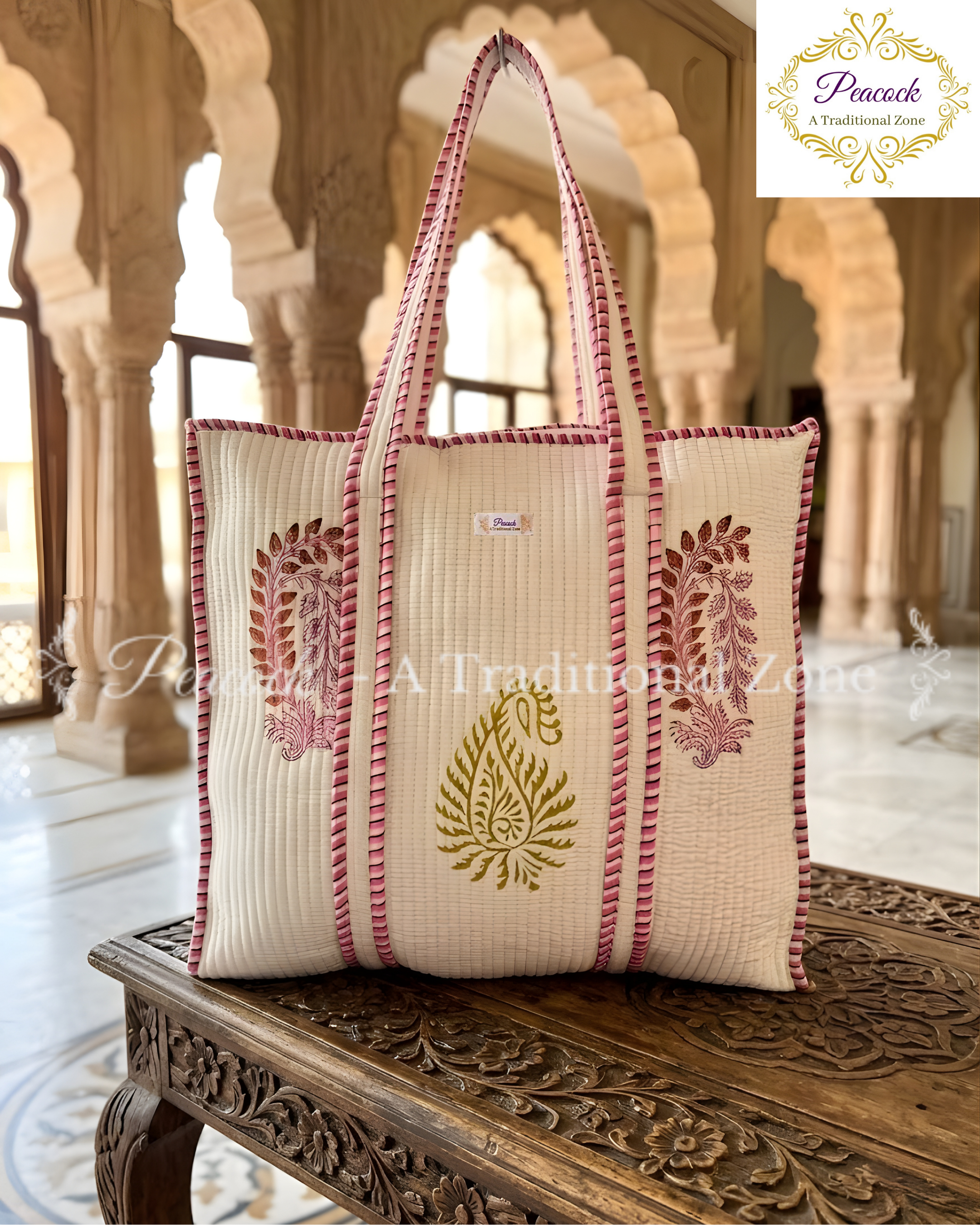 Kairavi Heritage Tote – Hand Block Printed Quilted Paisley Carry Bag
