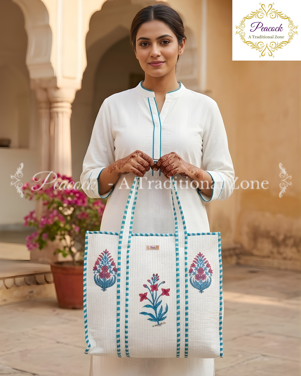 Gulnaar Heritage Tote – Hand Block Printed Quilted Floral Bag