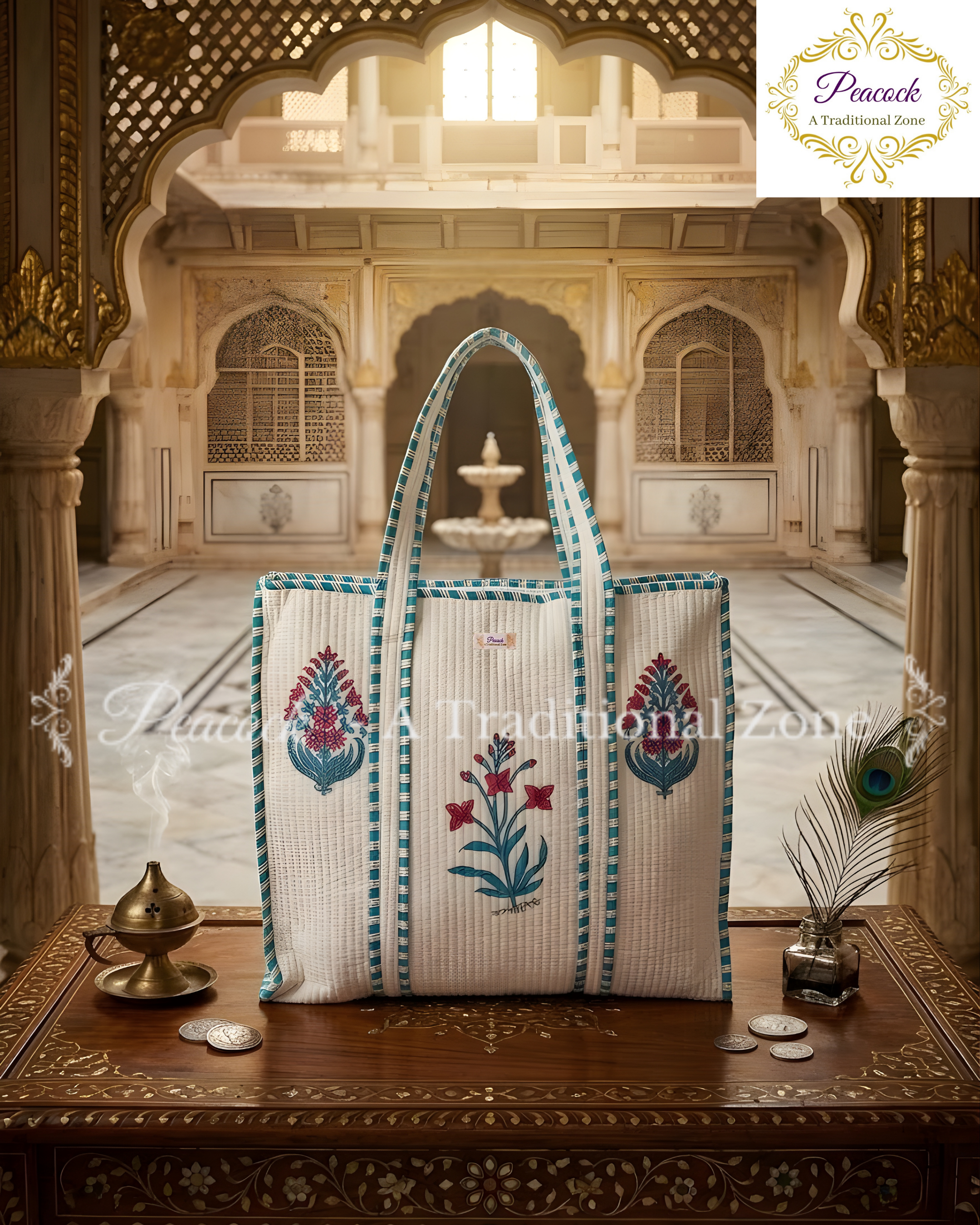 Gulnaar Heritage Tote – Hand Block Printed Quilted Floral Bag